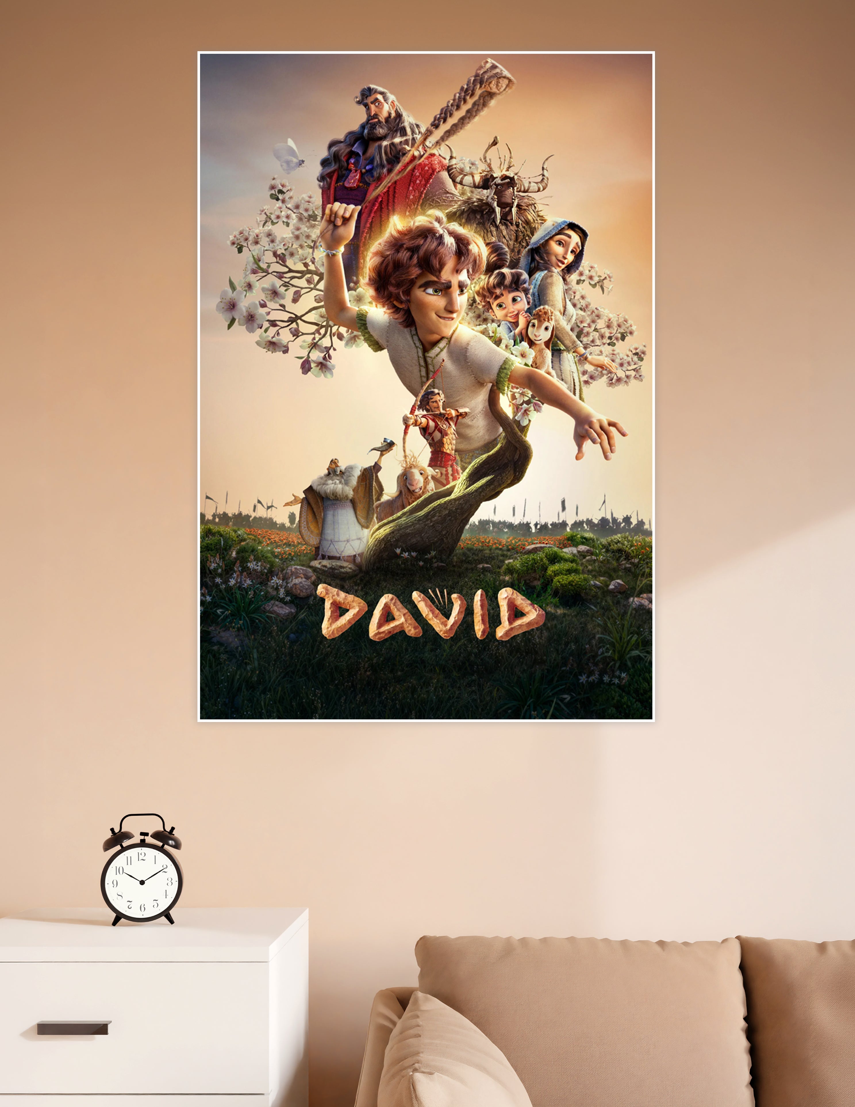 Animated movie poster for David featuring the young hero leaping forward with a sling, surrounded by companions, cherry blossoms, and a glowing golden background