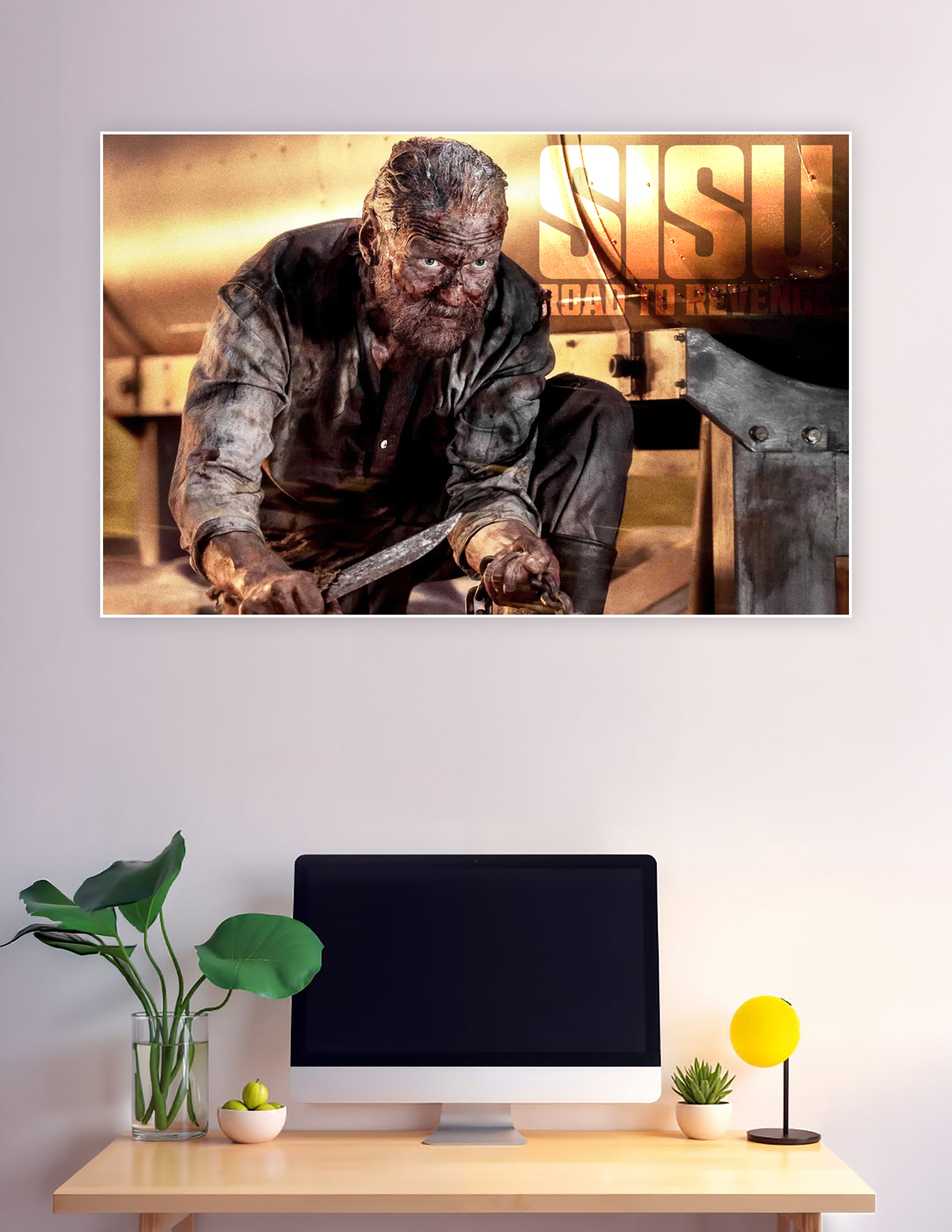 Sisu Road to Revenge movie poster featuring a battle-scarred warrior crouching with a blade, covered in grime against a golden cinematic background