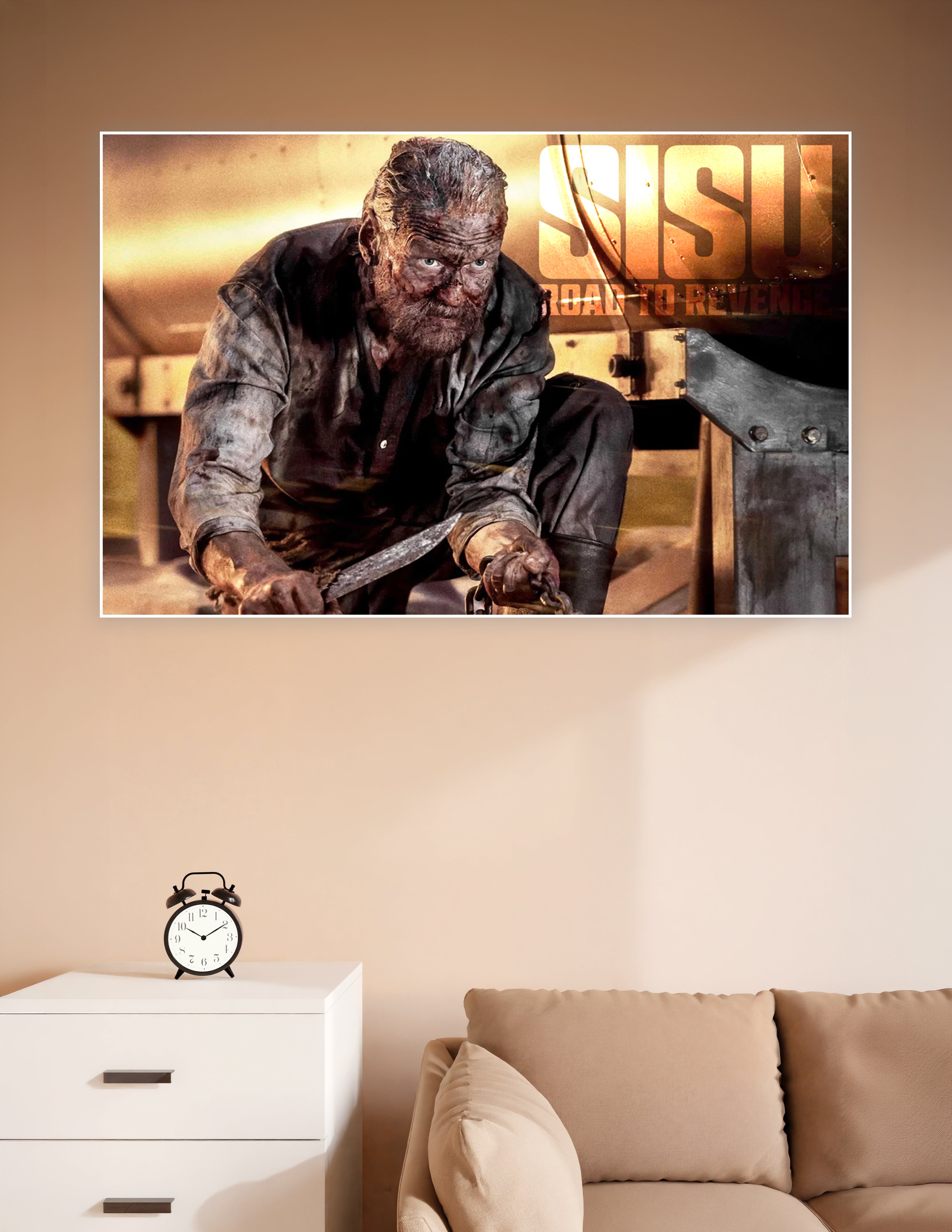 Sisu Road to Revenge movie poster featuring a battle-scarred warrior crouching with a blade, covered in grime against a golden cinematic background