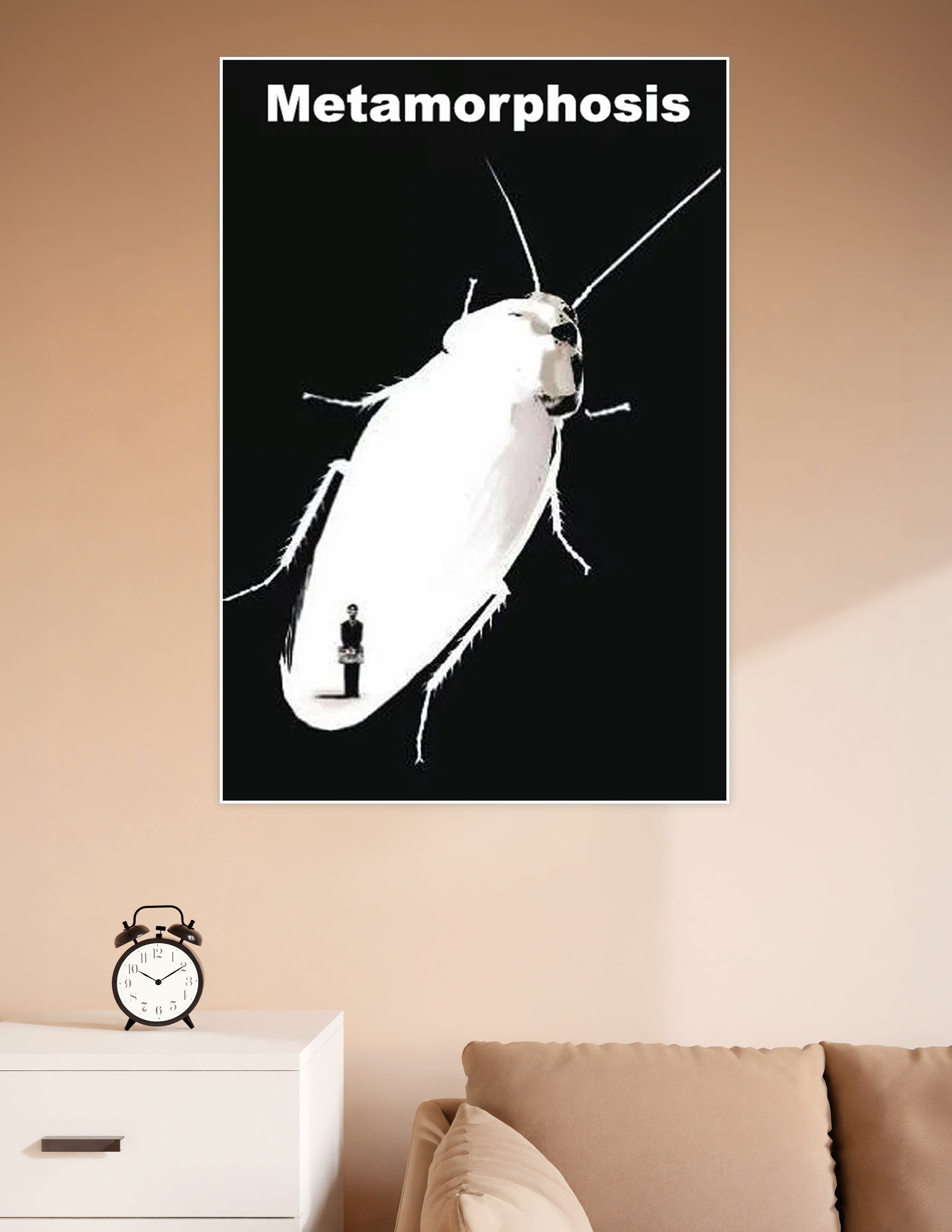 Black and white poster titled Metamorphosis showing a giant white cockroach towering over a tiny suited human figure on a black background, inspired by Franz Kafka