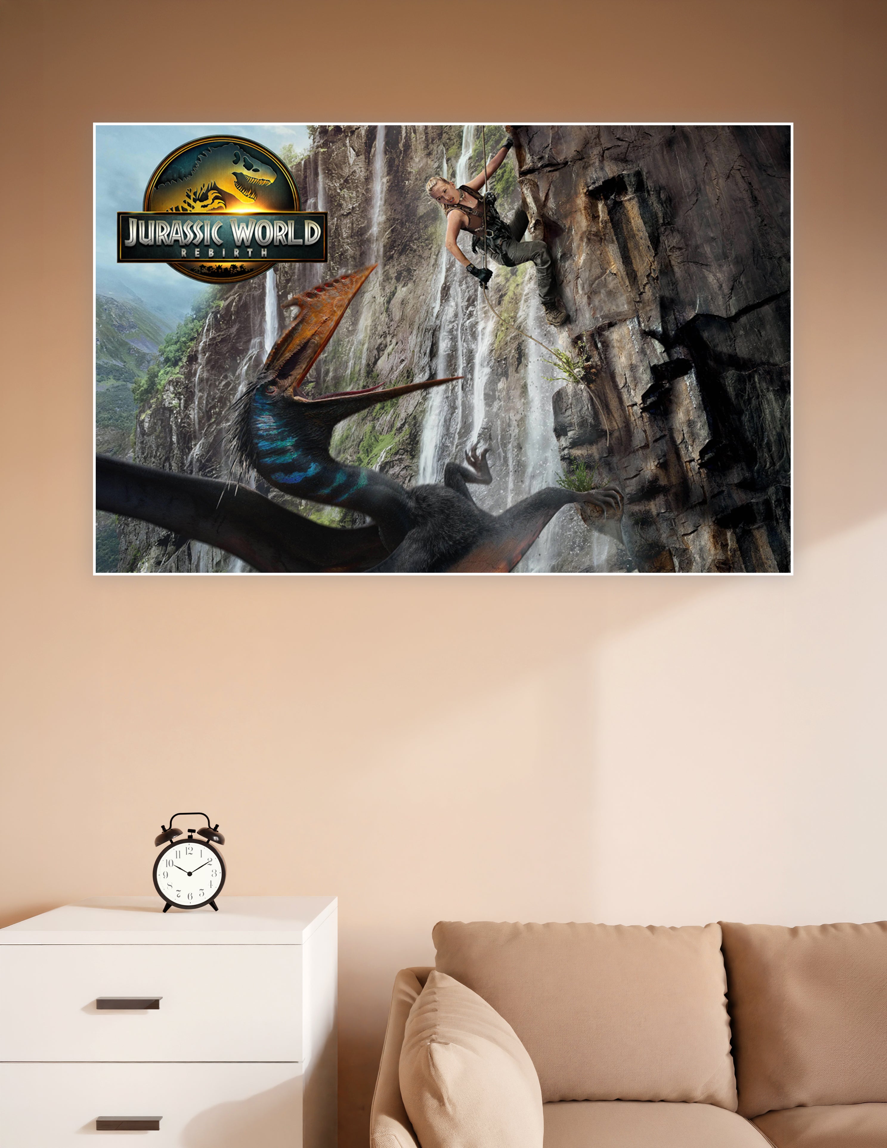 Jurassic World Rebirth poster climber evading pterosaur waterfall cliff