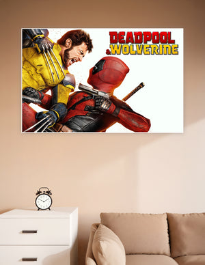 Deadpool and Wolverine face-off movie poster with Deadpool in red suit holding a gun and Wolverine in yellow suit with adamantium claws extended