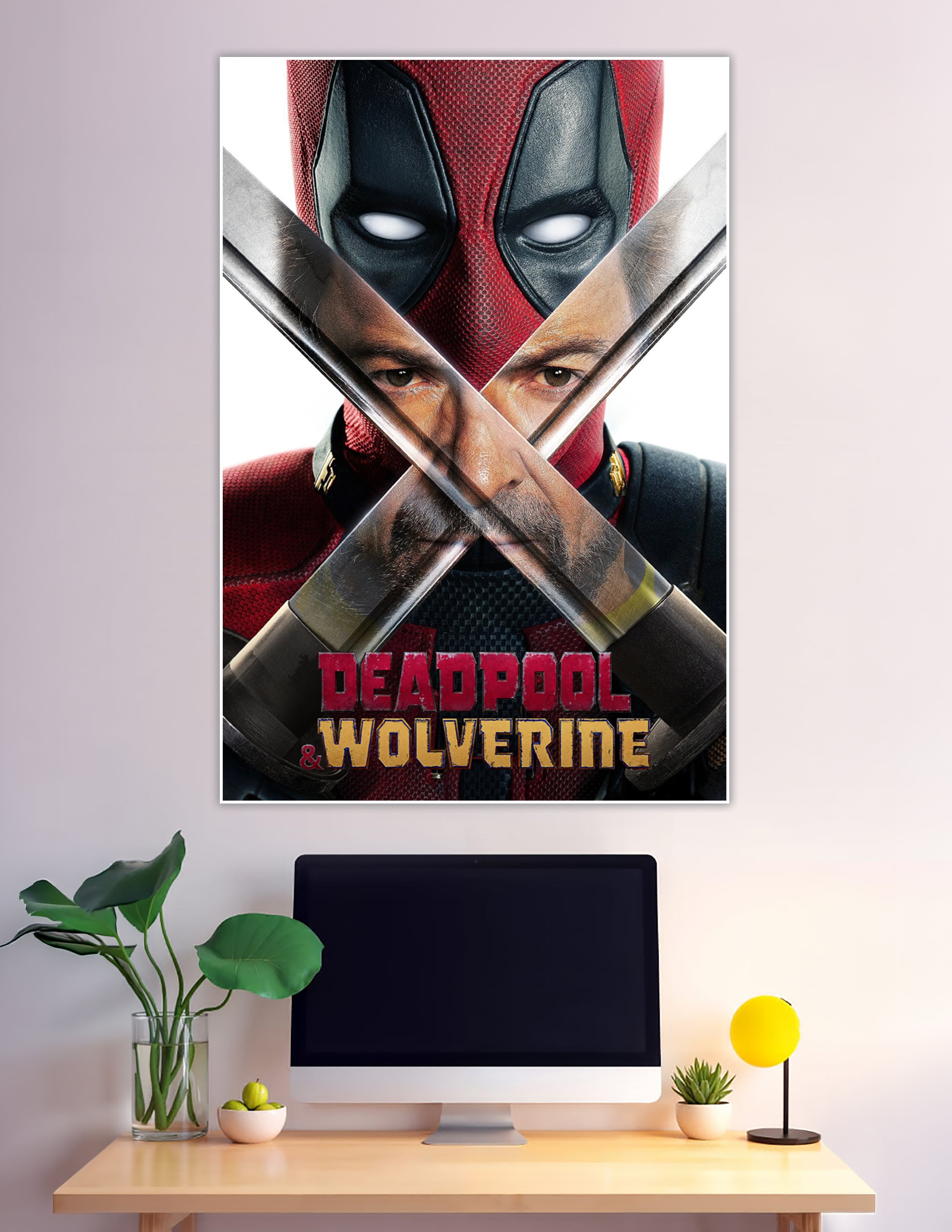 Deadpool and Wolverine official movie poster featuring Deadpool's masked face above Wolverine with crossed adamantium claws forming an X shape