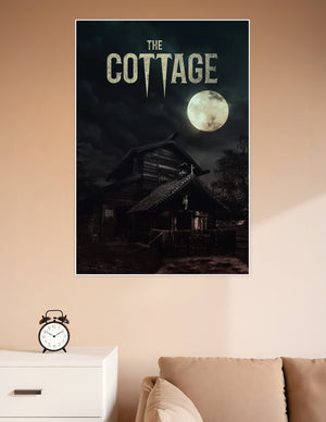The Cottage horror movie poster showing a dark abandoned wooden cottage under a glowing full moon against a stormy night sky with gothic distressed title text