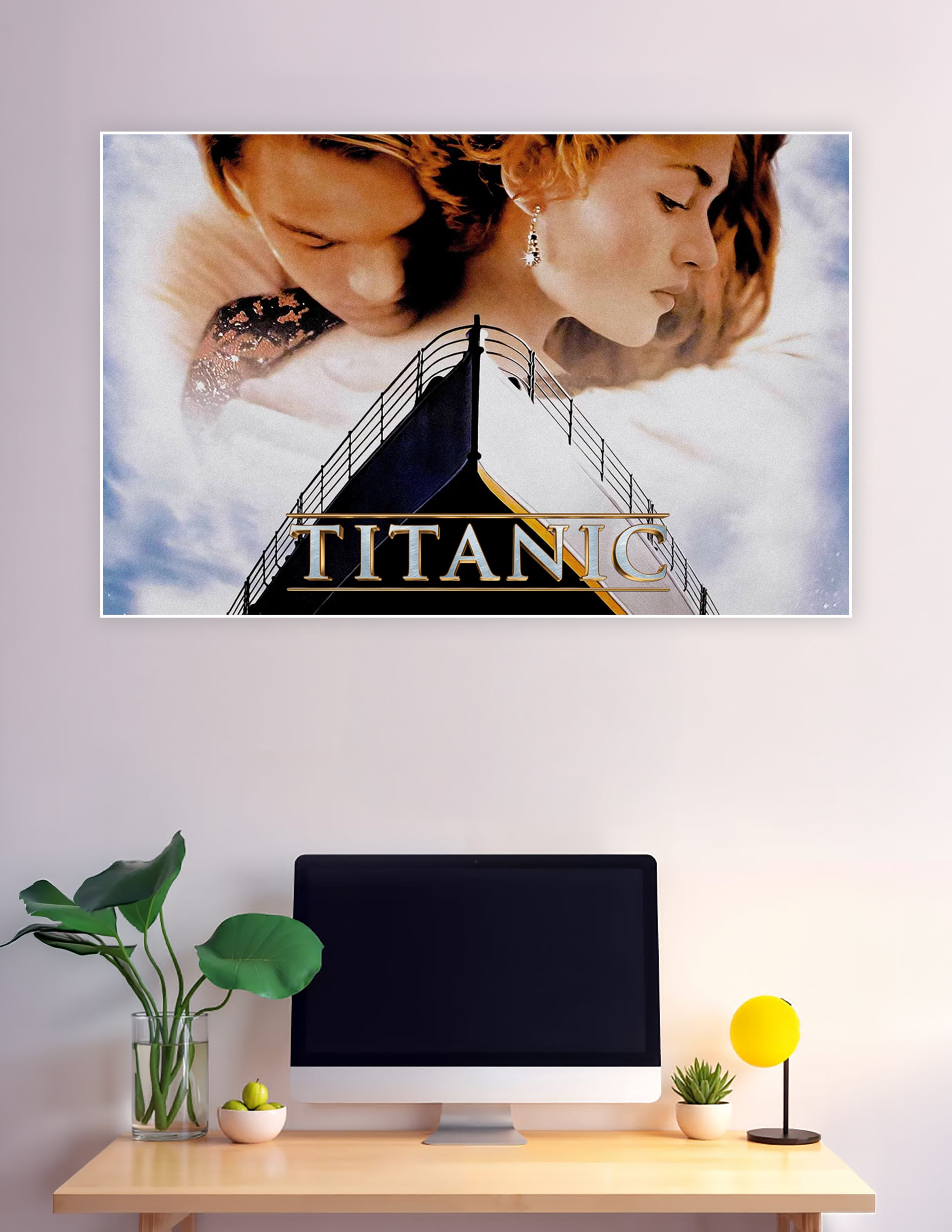 Titanic 1997 classic movie poster print showing the romantic lead characters above the ship's bow with the Titanic title logo
