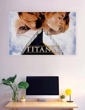 Titanic 1997 classic movie poster print showing the romantic lead characters above the ship's bow with the Titanic title logo