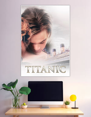 Titanic movie poster with romantic couple and ship