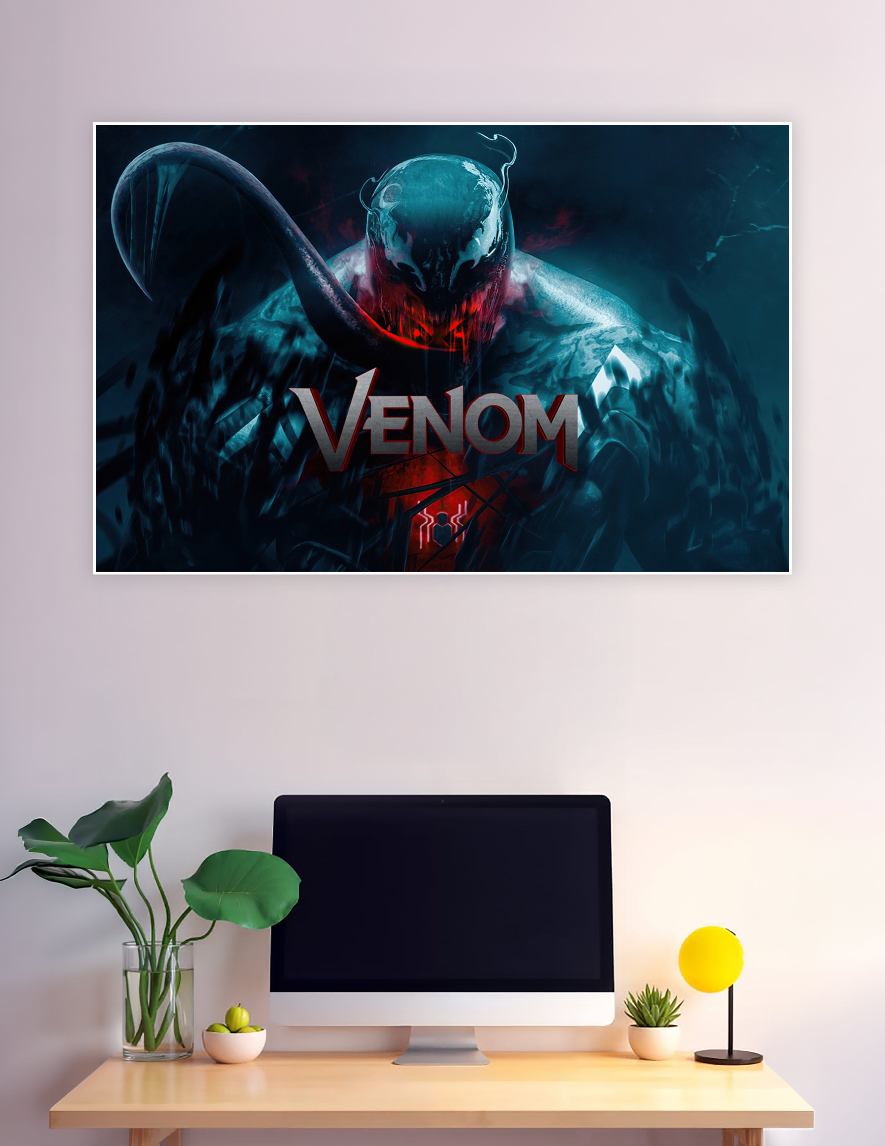 Venom Marvel symbiote dark art poster with glowing red mouth, white eyes, and teal shadows on a dramatic black background