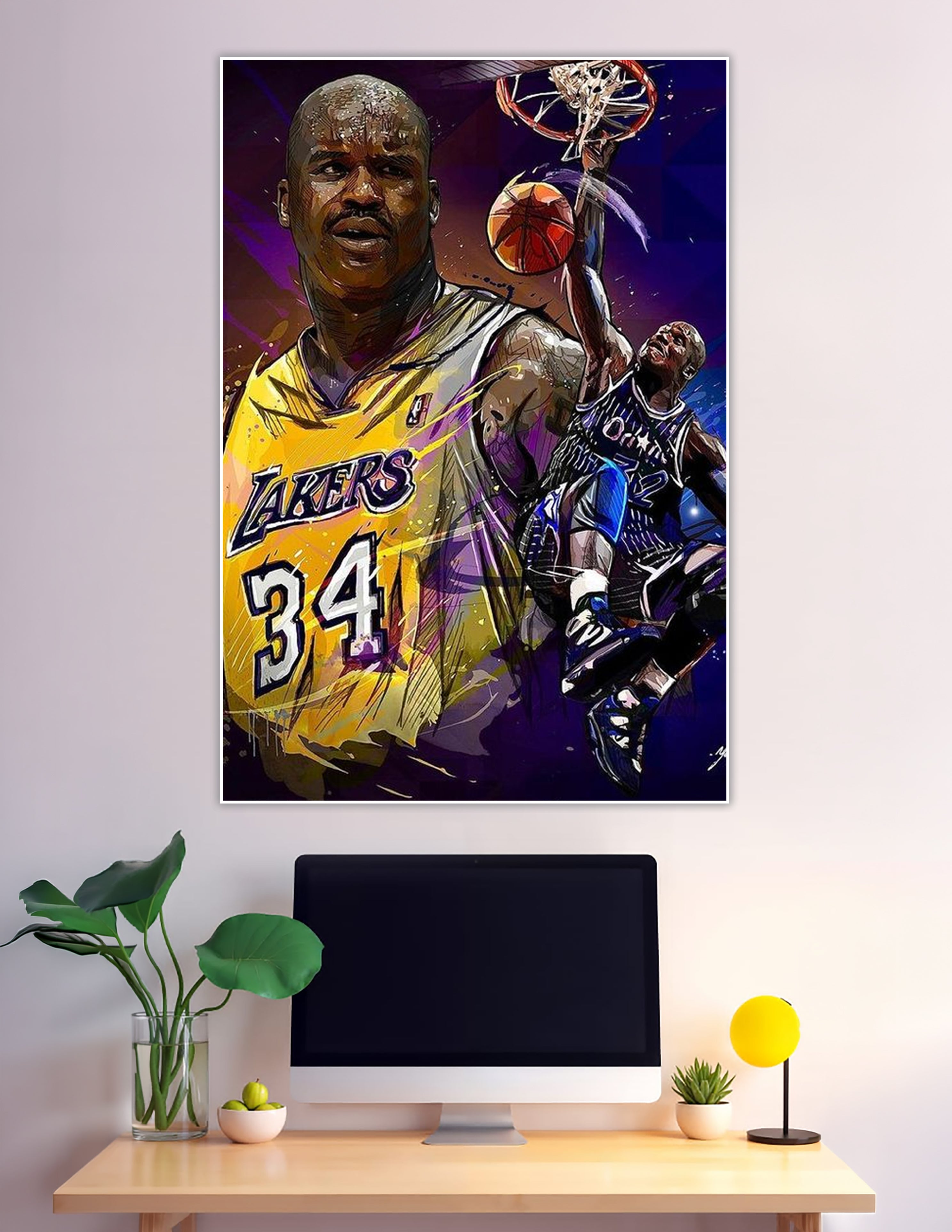 Digital art poster of NBA legend Shaquille O'Neal in Los Angeles Lakers #34 jersey and Orlando Magic #32 jersey dunking, vibrant purple and gold background