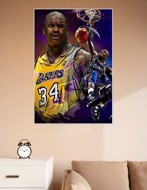 Digital art poster of NBA legend Shaquille O'Neal in Los Angeles Lakers #34 jersey and Orlando Magic #32 jersey dunking, vibrant purple and gold background