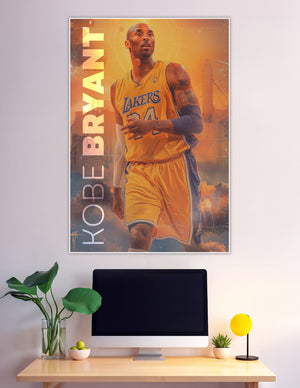 Kobe Bryant wearing Los Angeles Lakers #24 yellow jersey on a fiery golden background tribute poster