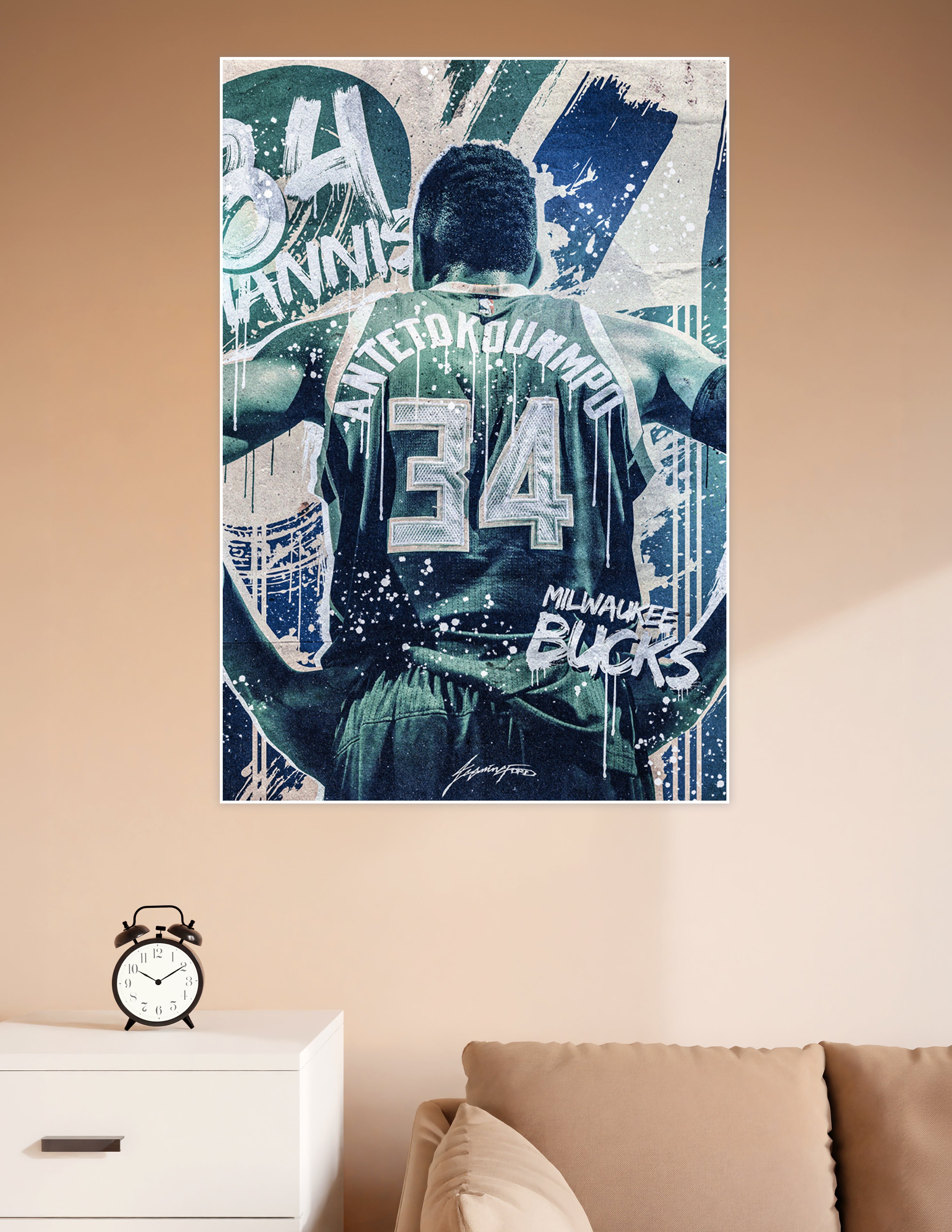 Giannis Antetokounmpo Milwaukee Bucks #34 jersey back view street art style poster with graffiti drip effects in green and blue