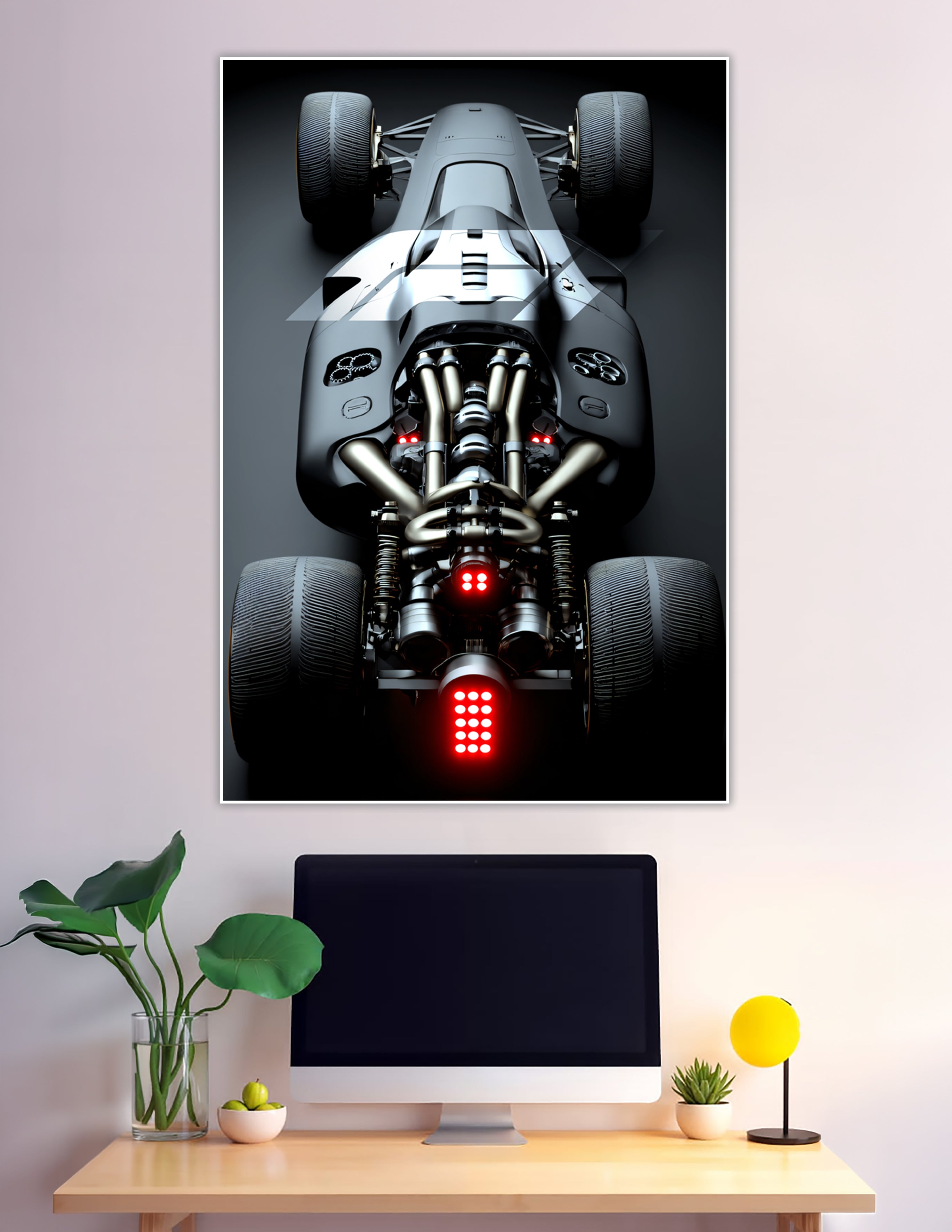 Top-down view of a formula racing car with exposed V-engine, polished exhaust headers, glowing red lights, and dark studio background