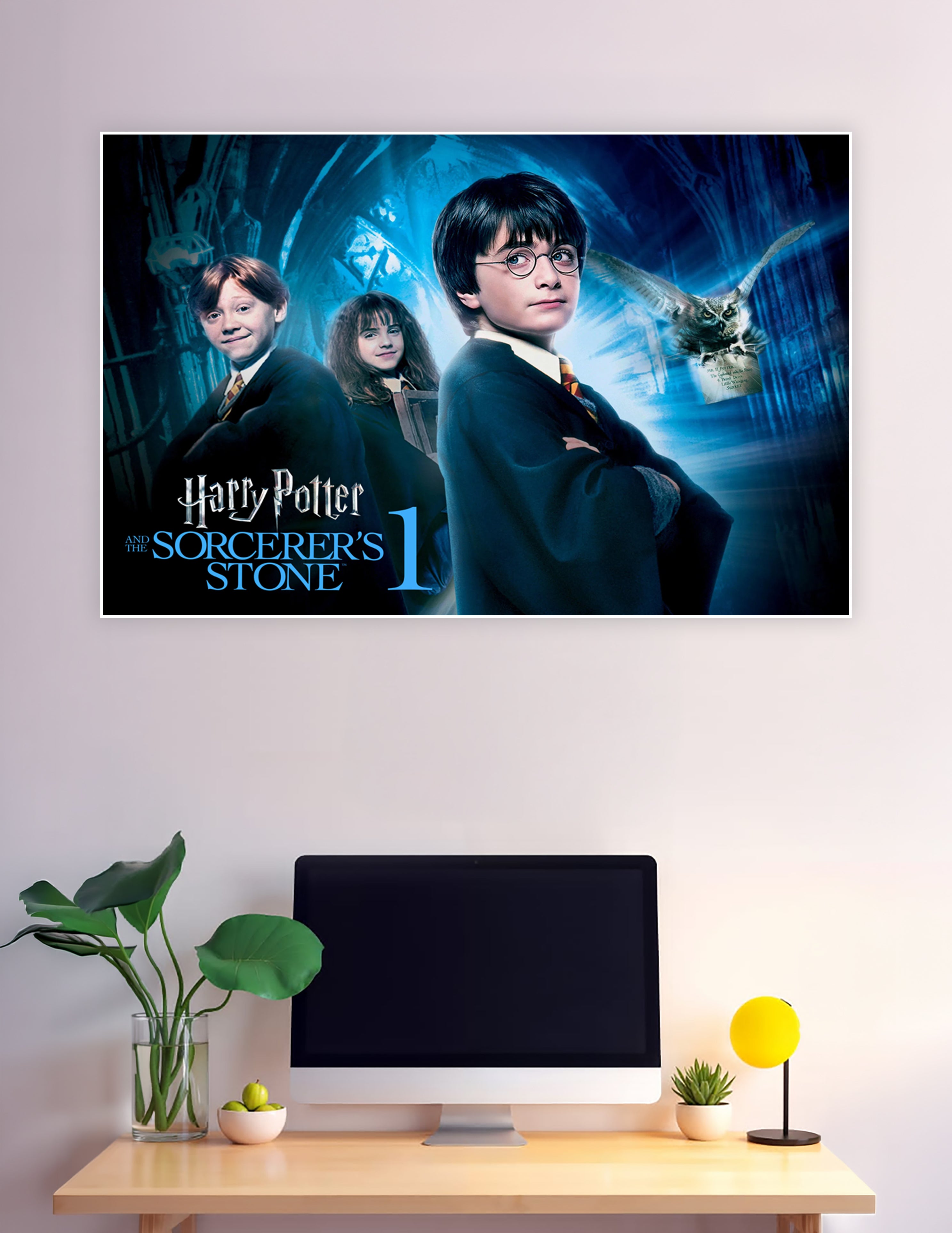 Harry Potter Sorcerer's Stone poster with trio and Hedwig