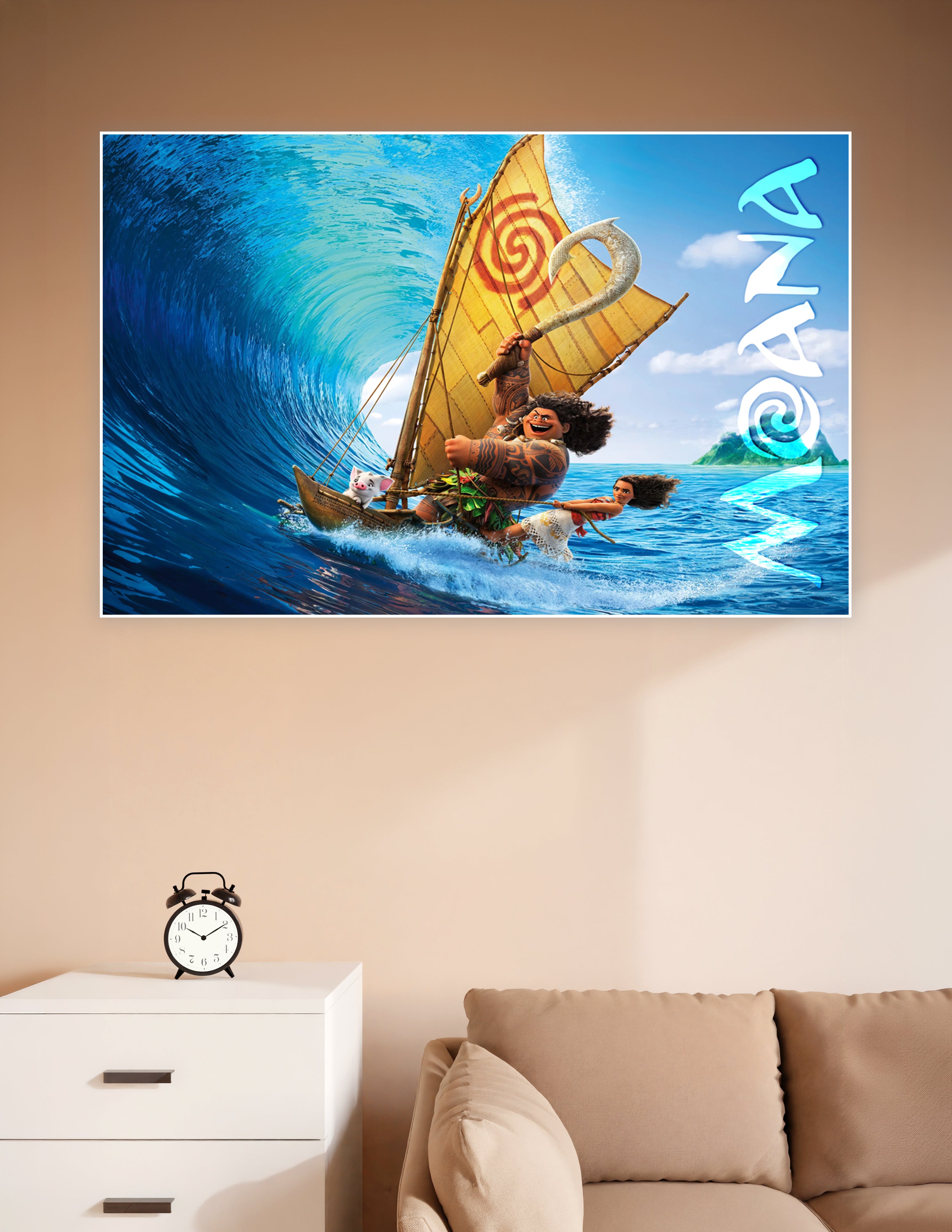 Disney Moana animated movie poster showing Moana and Maui sailing on a giant ocean wave with Pua the pig and a golden sail