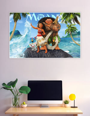 Disney Moana movie poster featuring Moana and Maui standing on a rock with Pua the pig and Hei Hei the rooster, ocean and palm trees in the background