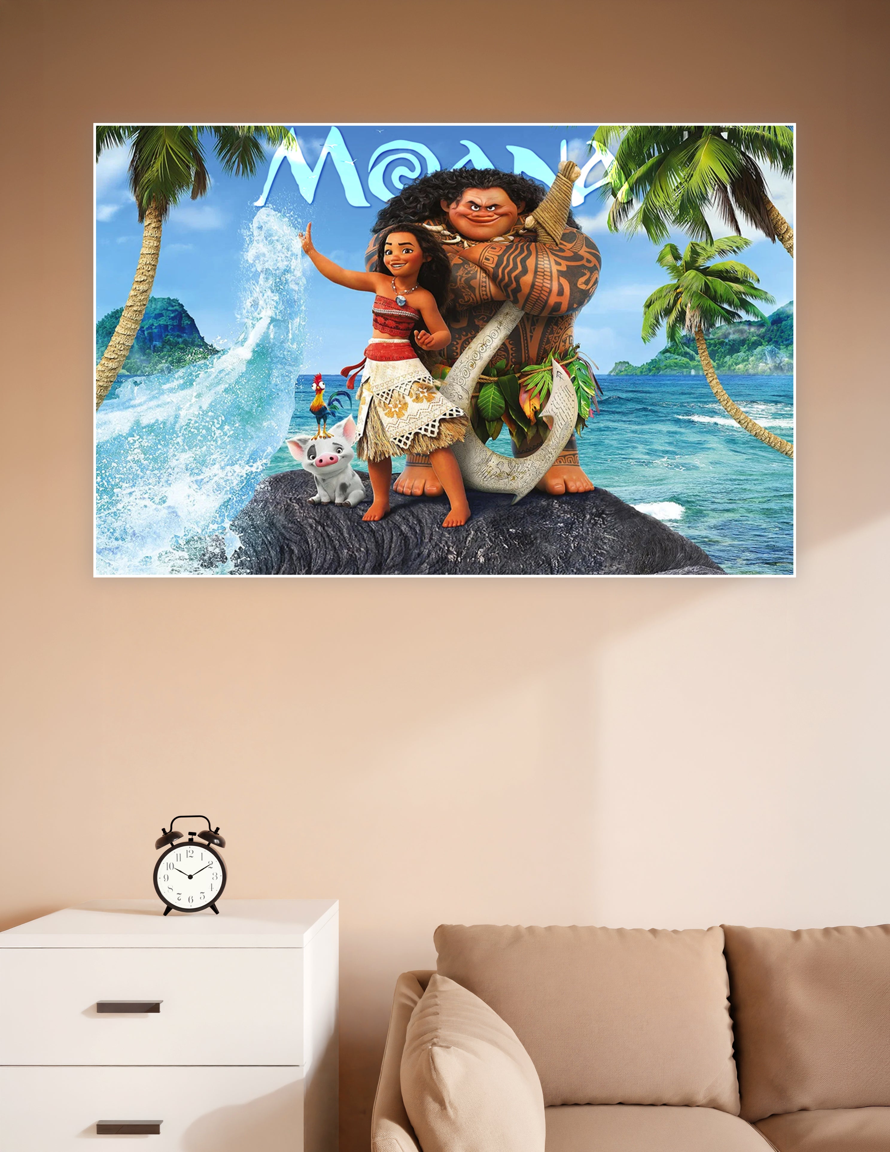 Disney Moana movie poster featuring Moana and Maui standing on a rock with Pua the pig and Hei Hei the rooster, ocean and palm trees in the background