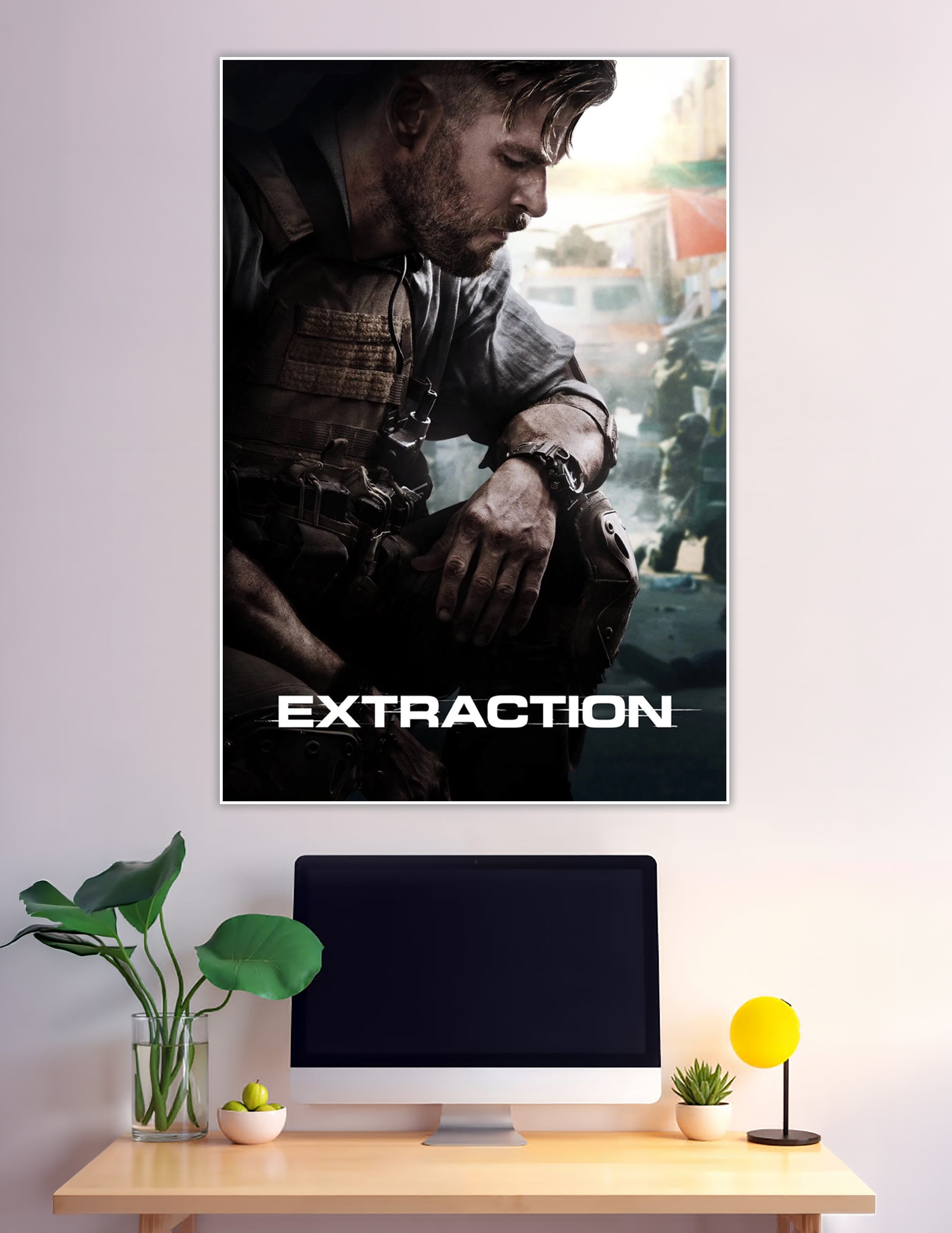 Extraction movie poster showing a battle-worn soldier in tactical vest and gear with a cinematic urban backdrop and the title 'Extraction' at the bottom