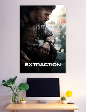 Extraction movie poster showing a battle-worn soldier in tactical vest and gear with a cinematic urban backdrop and the title 'Extraction' at the bottom