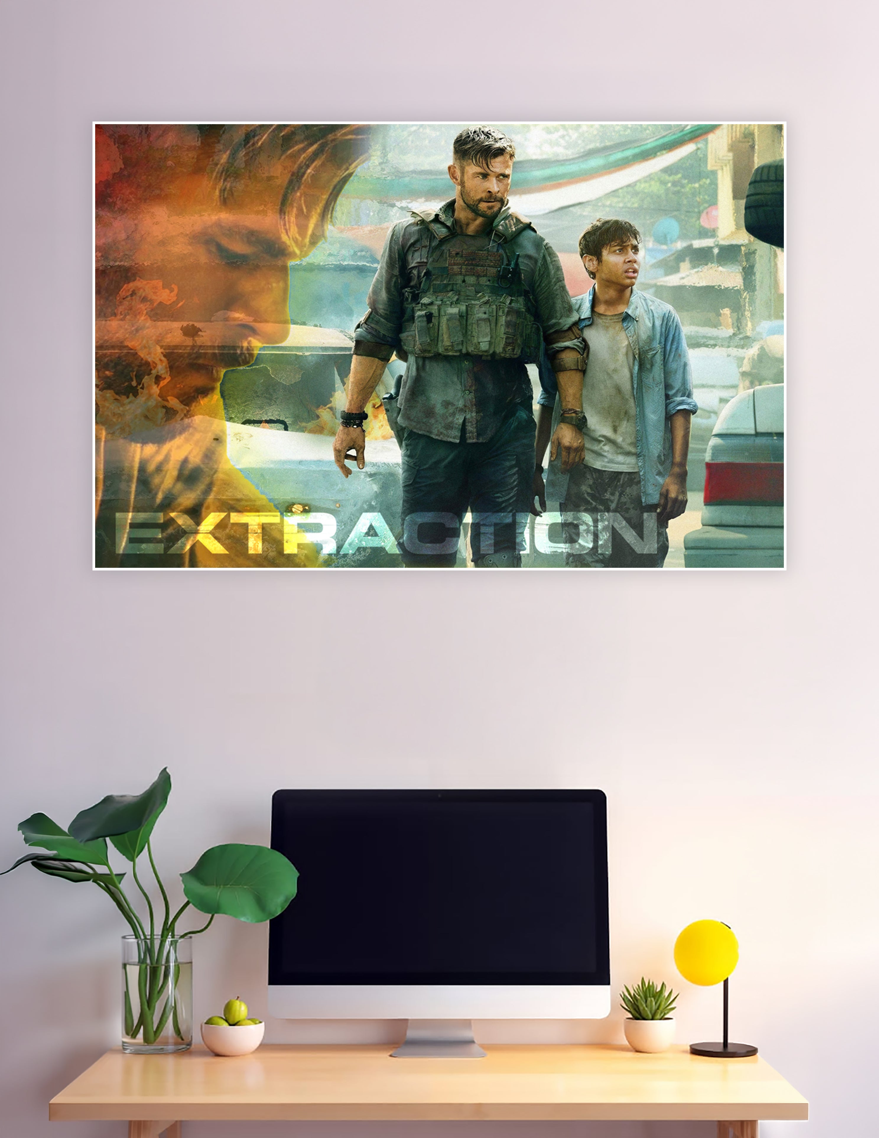 Extraction movie poster showing a tactical mercenary in body armor guiding a young boy through a chaotic urban battlefield with fire and explosions in the background