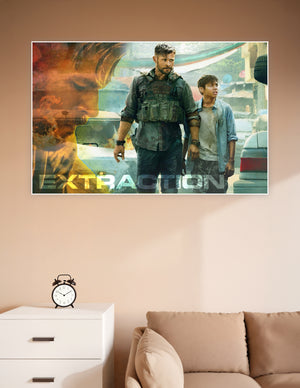 Extraction movie poster showing a tactical mercenary in body armor guiding a young boy through a chaotic urban battlefield with fire and explosions in the background