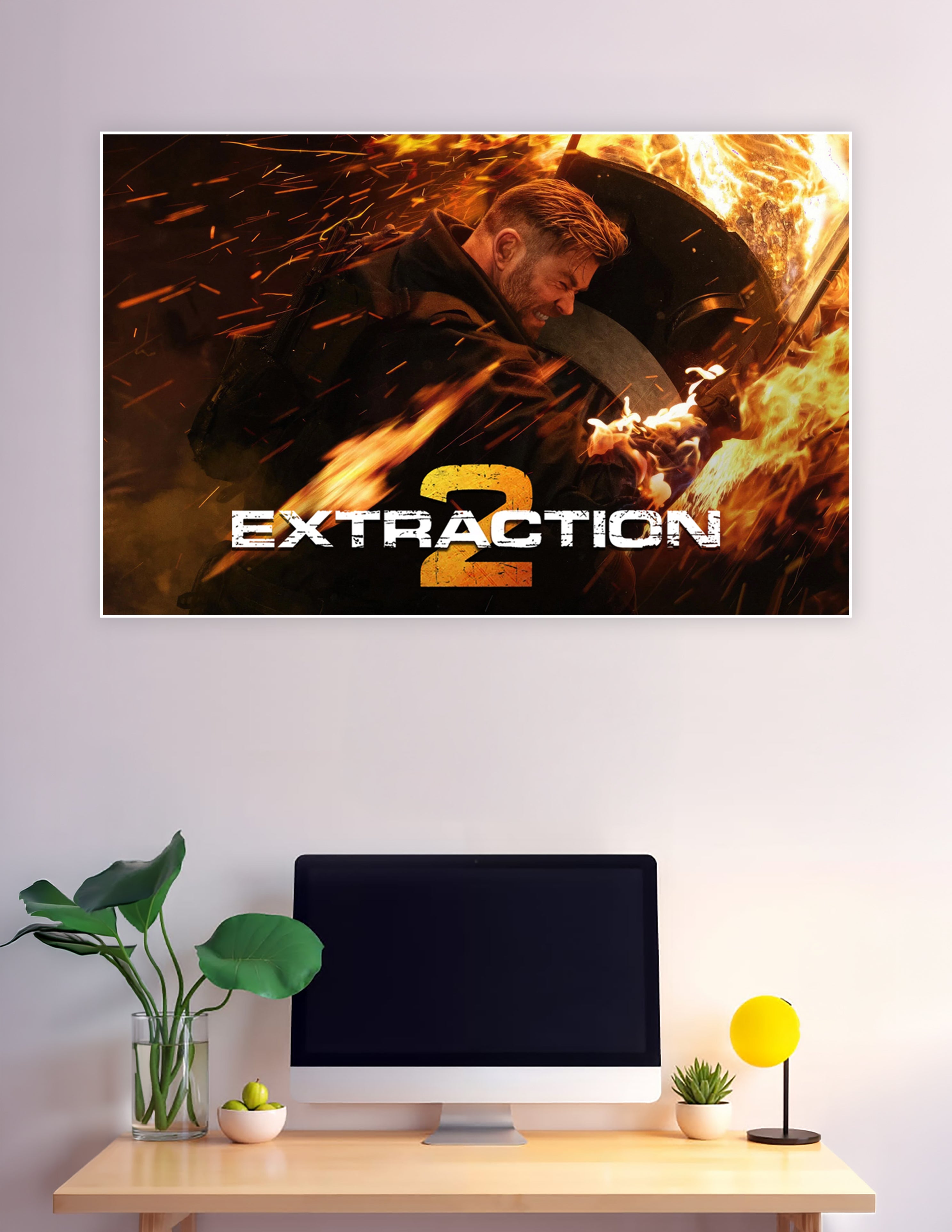 Extraction 2 movie poster showing Tyler Rake in intense action surrounded by fire and sparks on a dramatic orange background