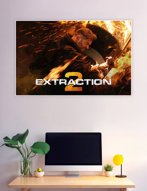 Extraction 2 movie poster showing Tyler Rake in intense action surrounded by fire and sparks on a dramatic orange background