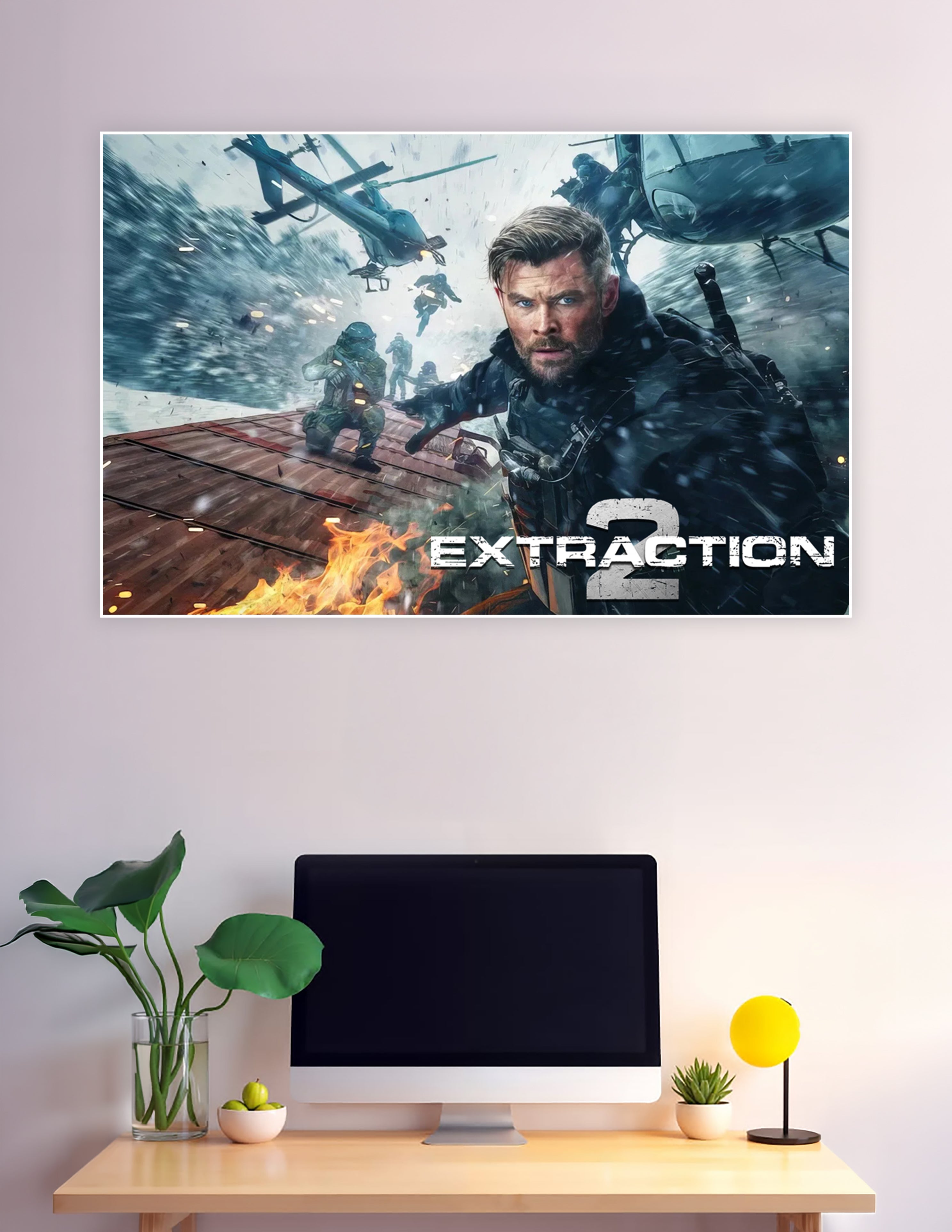 Extraction 2 movie poster featuring a battle-ready hero in tactical gear surrounded by helicopters, soldiers, fire, and snow in an intense action scene