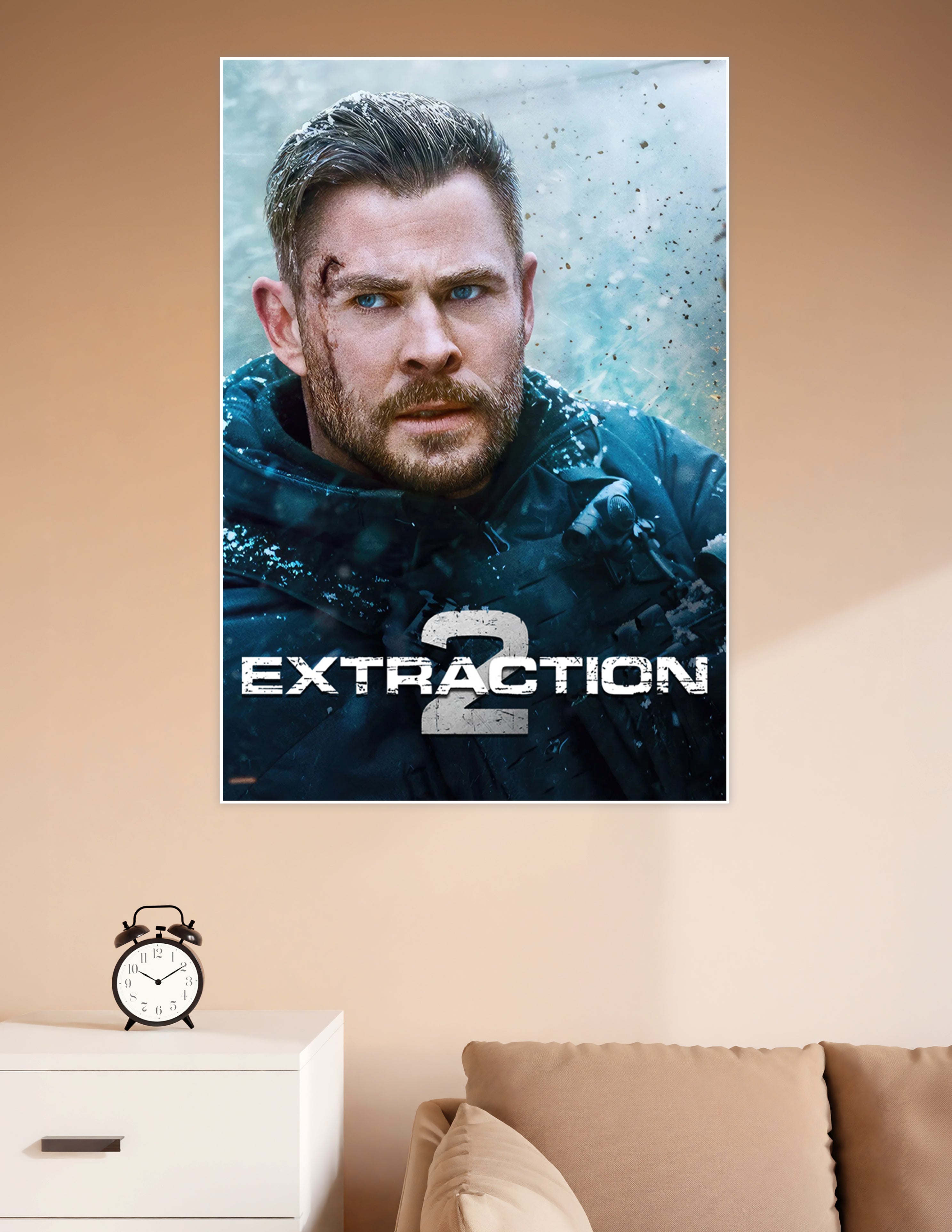 Extraction 2 movie poster featuring a close-up of Tyler Rake with blue eyes, battle scars, and snow-dusted tactical gear against an icy explosive background