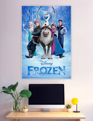 Disney Frozen official movie poster featuring Elsa, Anna, Kristoff, Sven, Olaf, and Hans in a magical icy winter wonderland background