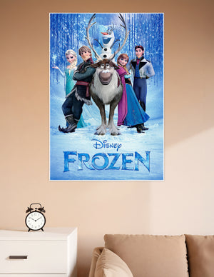 Disney Frozen official movie poster featuring Elsa, Anna, Kristoff, Sven, Olaf, and Hans in a magical icy winter wonderland background