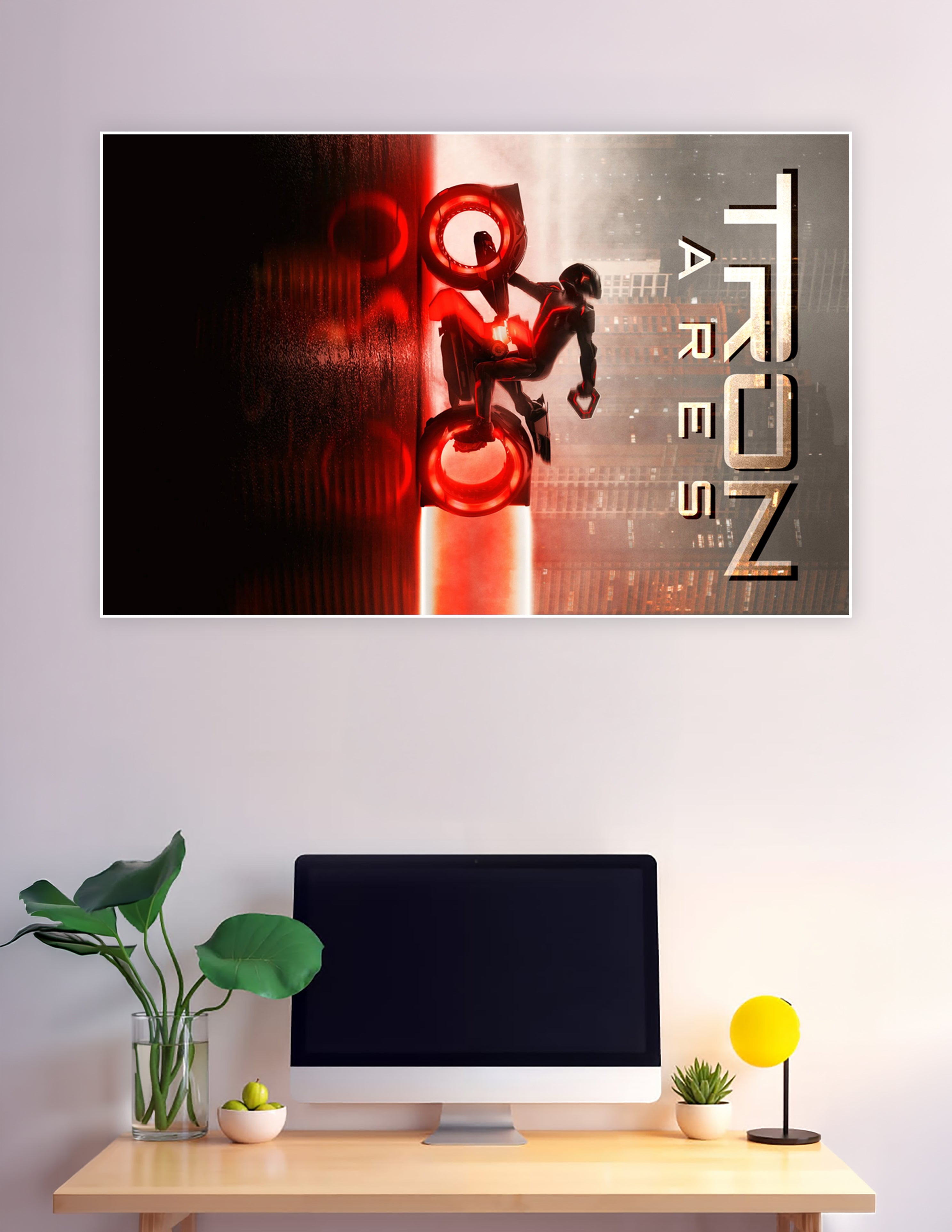 TRON Ares red light cycle rider futuristic city poster
