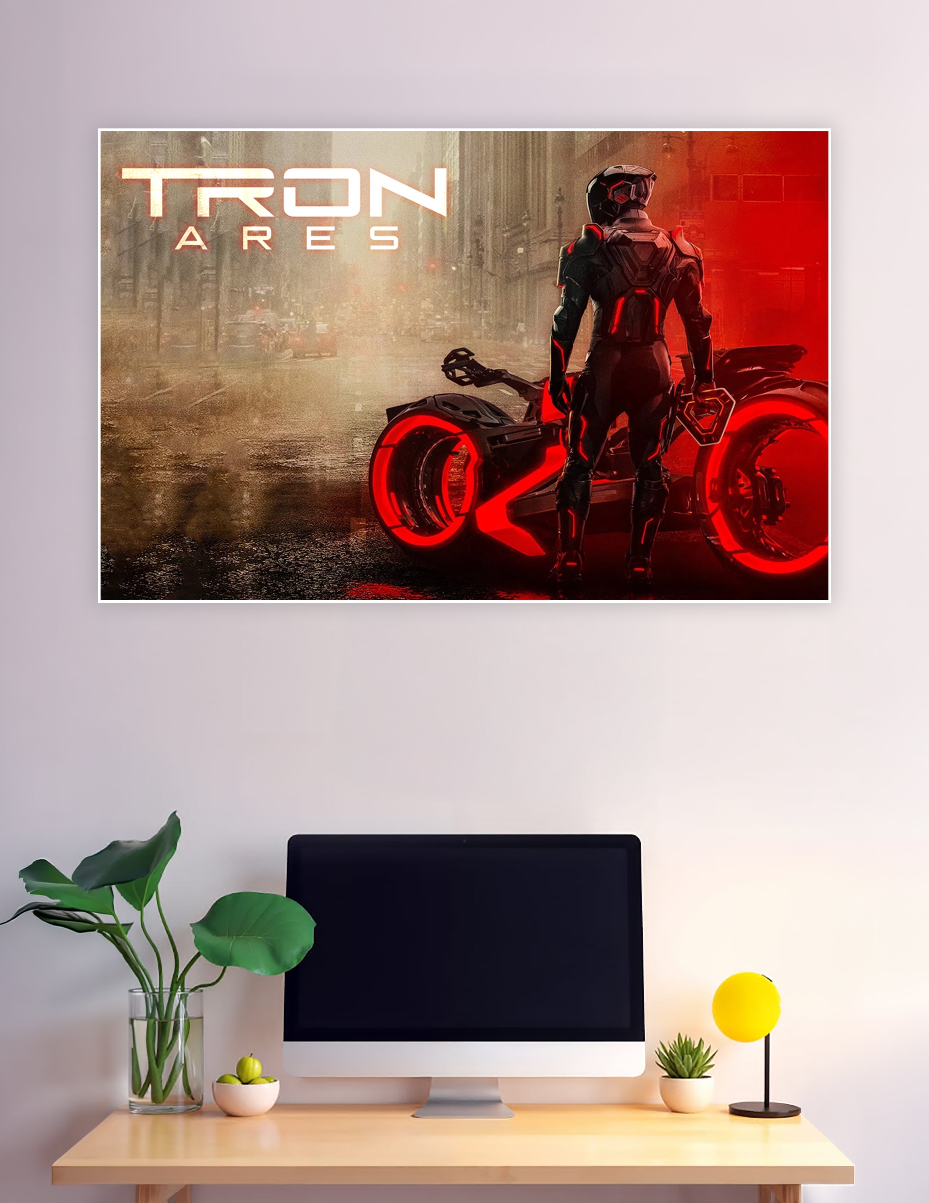 Tron Ares movie poster showing an armored figure standing beside a glowing red light cycle on a dark rainy city street
