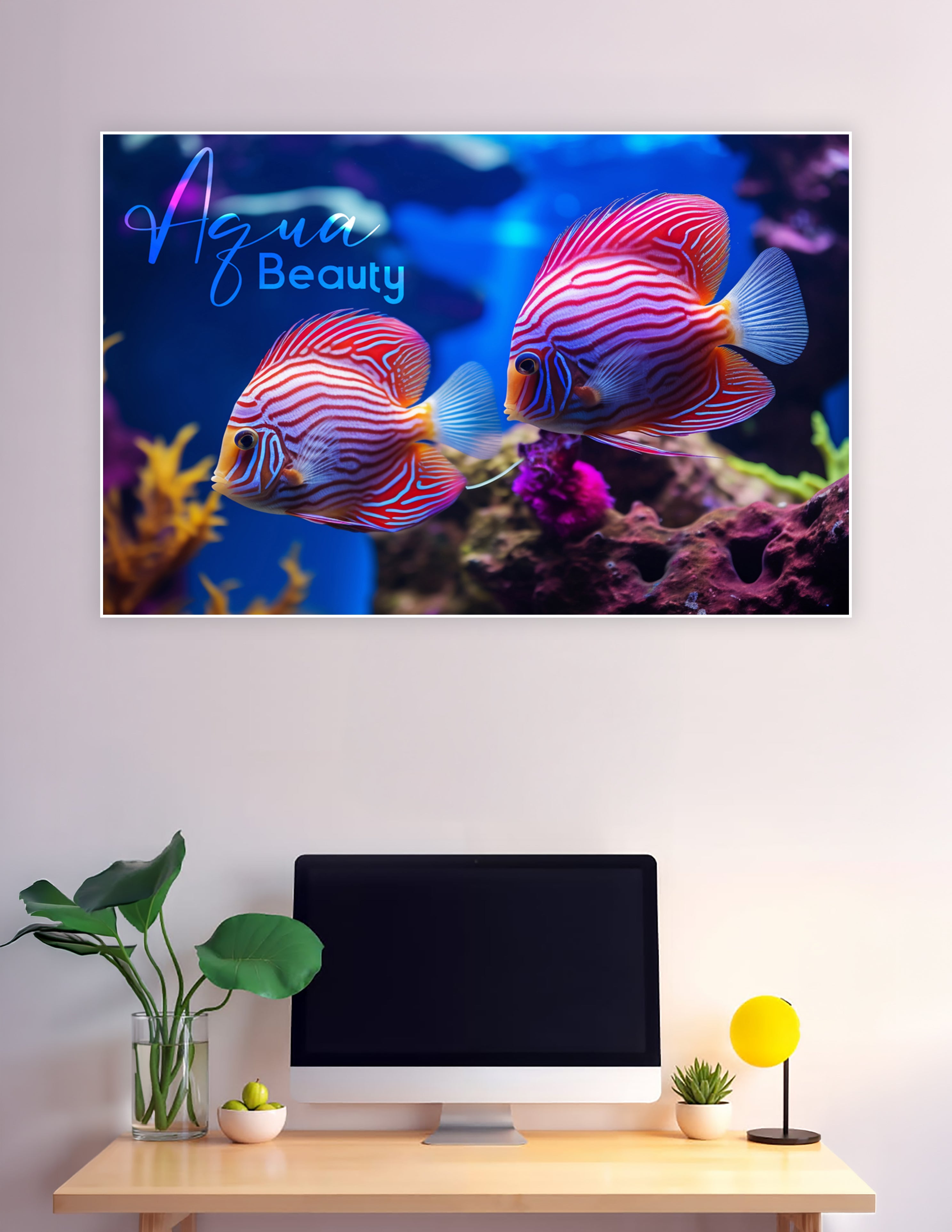 Two vibrant red-striped discus fish swimming near colorful coral