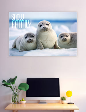 Three cute seals resting on Arctic ice Snow Family poster