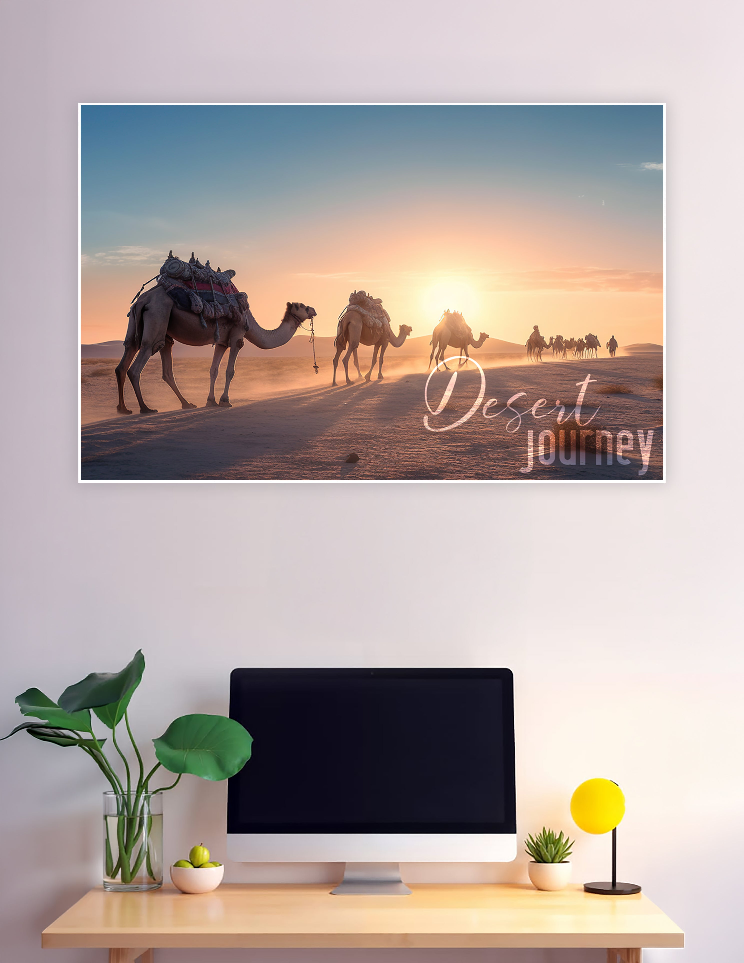 Camel caravan crossing Sahara desert at golden sunset