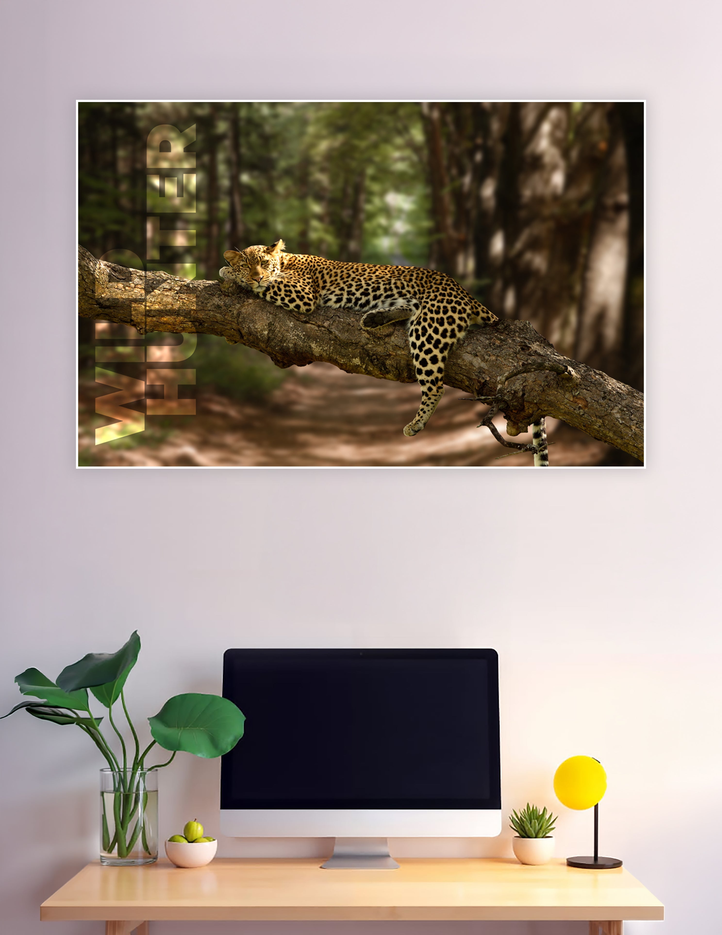 A majestic leopard resting on a large tree branch in a lush green forest, showcasing its golden spotted coat in a serene wildlife poster
