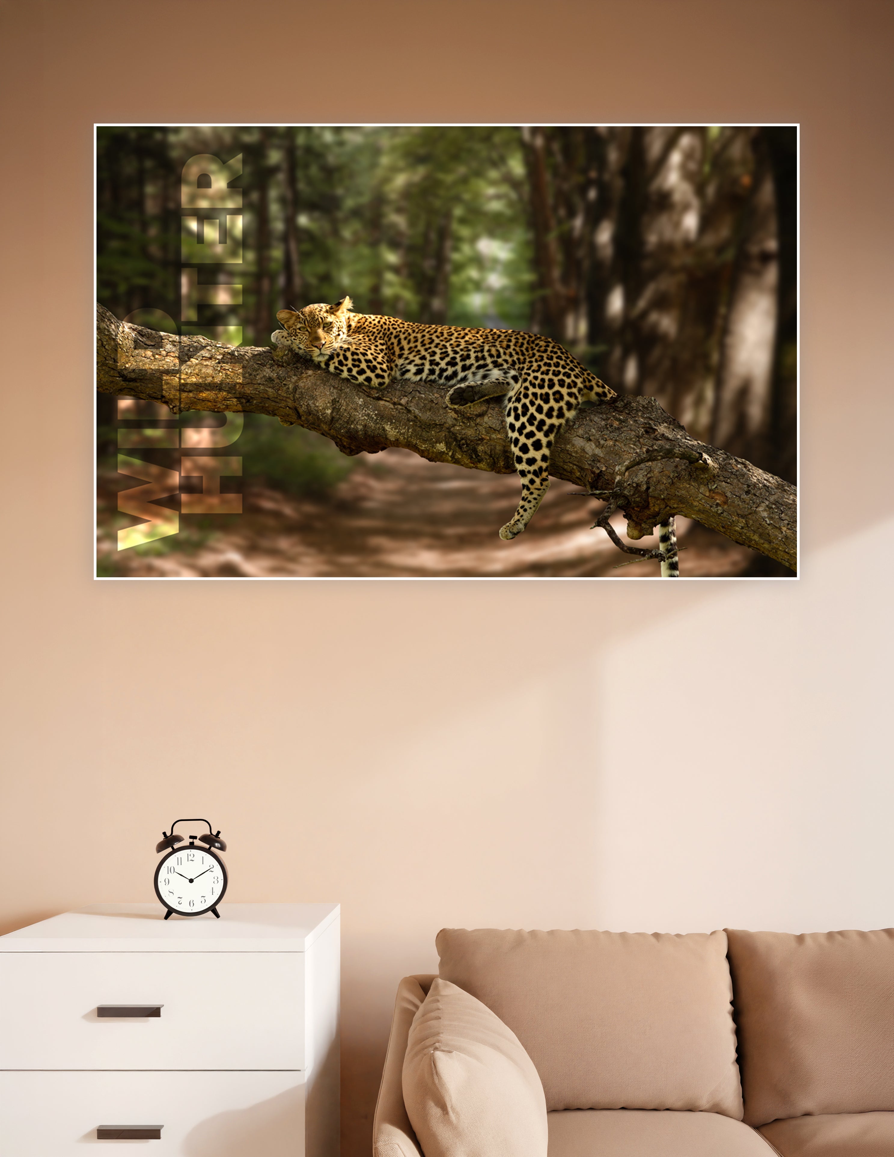A majestic leopard resting on a large tree branch in a lush green forest, showcasing its golden spotted coat in a serene wildlife poster