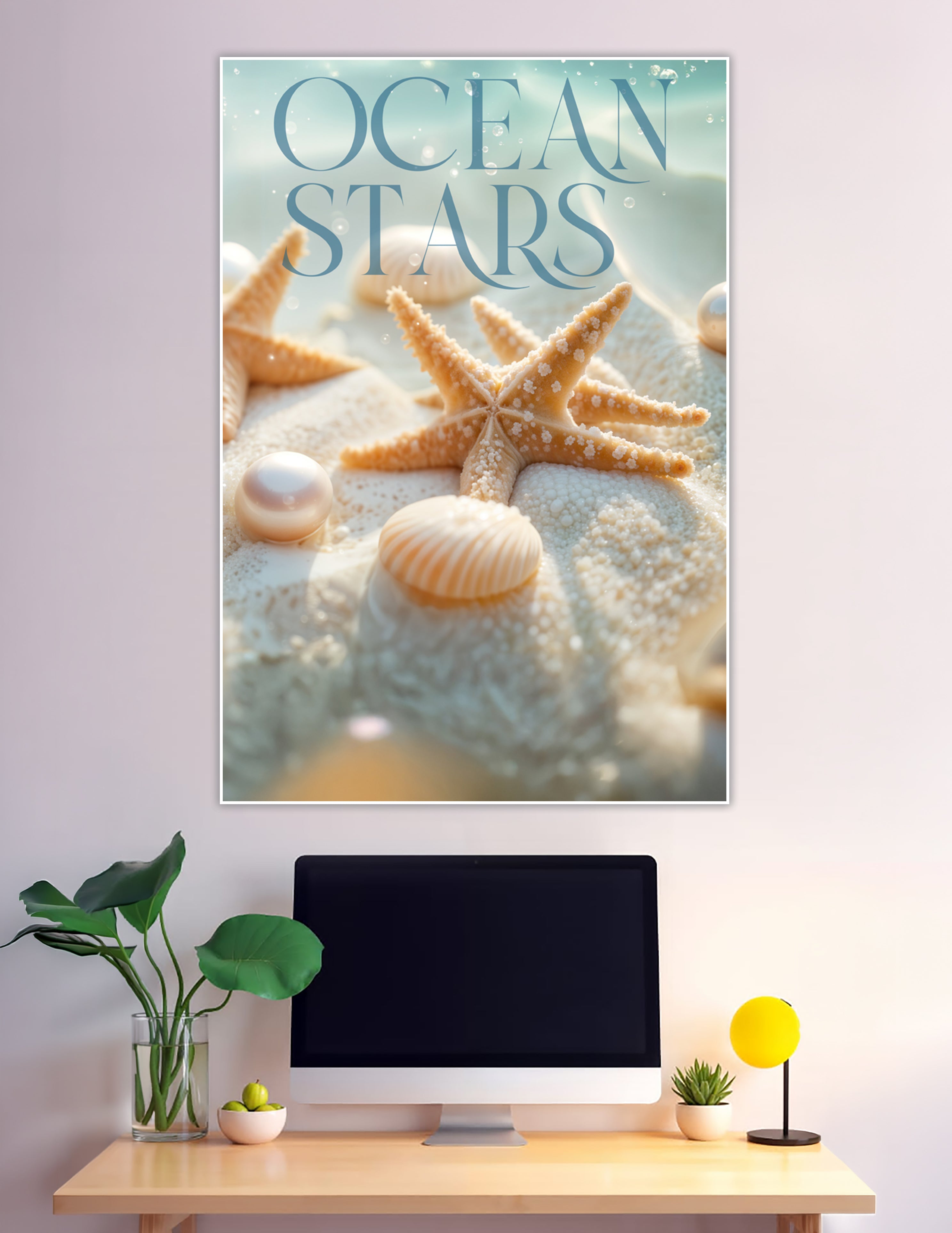 Ocean Stars poster with starfish, seashells, and pearls on sand