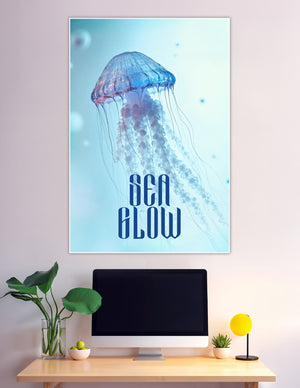 Glowing blue jellyfish floating in aqua underwater background