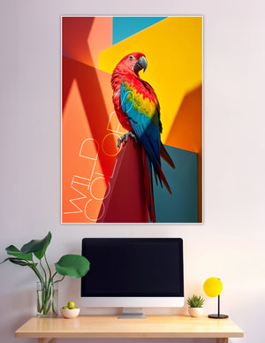 Scarlet macaw parrot perched on a geometric colorful background with red, yellow, blue and teal panels, Wild Color poster print