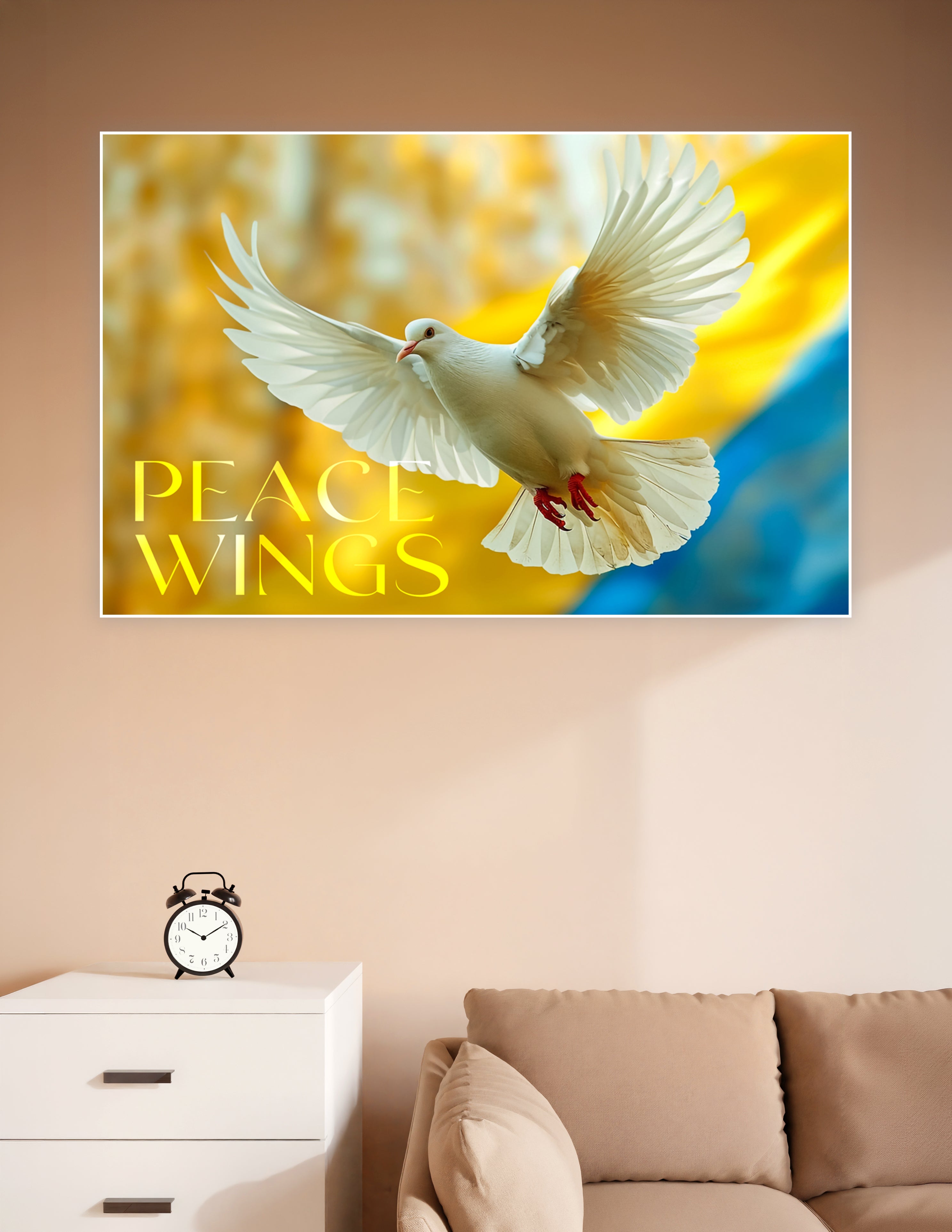 White dove in full flight with wings spread wide against a blue and yellow Ukrainian flag background with the text Peace Wings