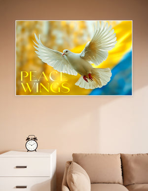 White dove in full flight with wings spread wide against a blue and yellow Ukrainian flag background with the text Peace Wings