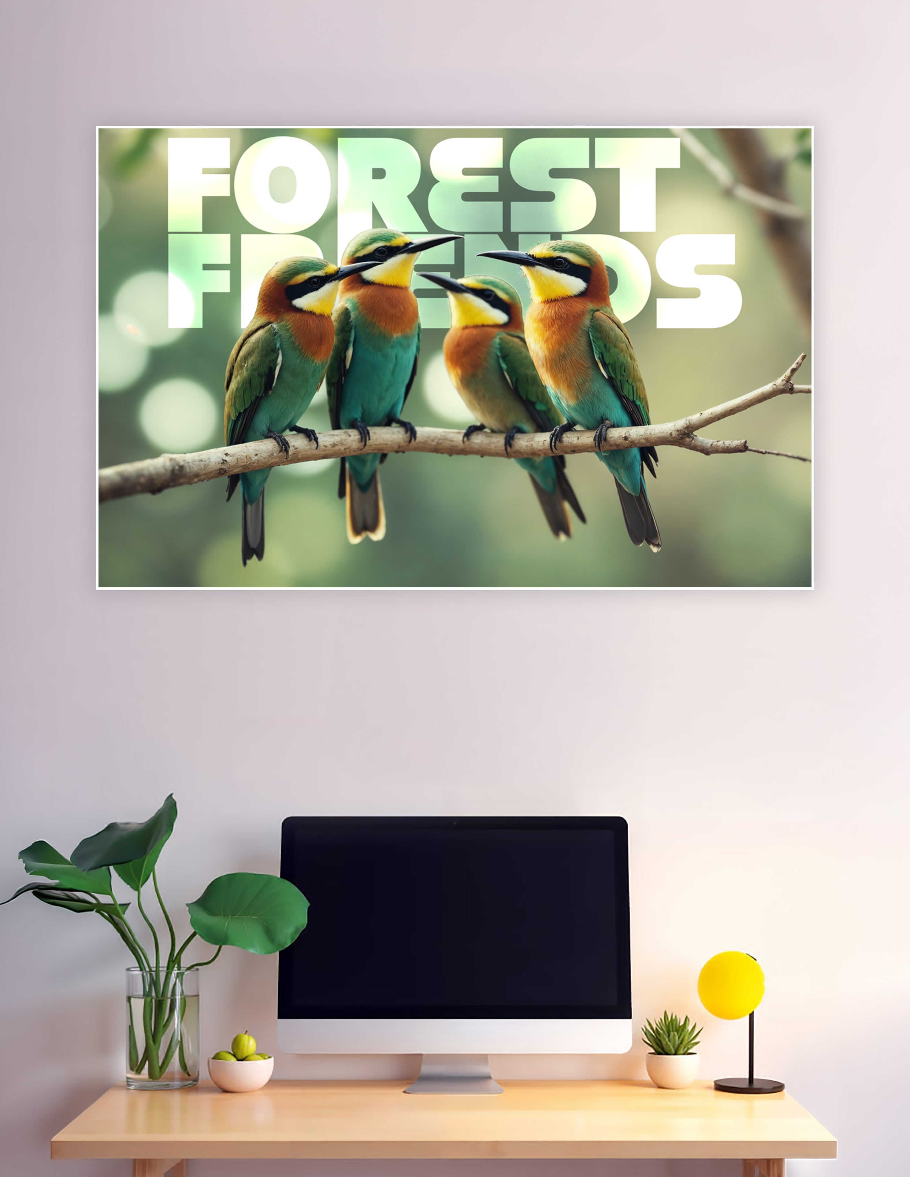 Four colorful European bee-eater birds perched on a branch with green bokeh background and Forest Friends text overlay