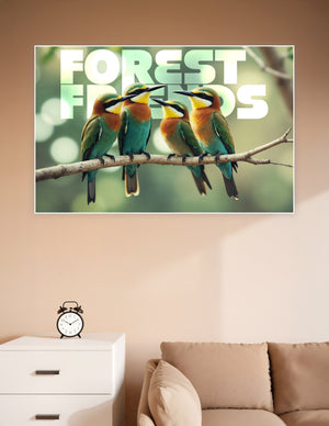 Four colorful European bee-eater birds perched on a branch with green bokeh background and Forest Friends text overlay