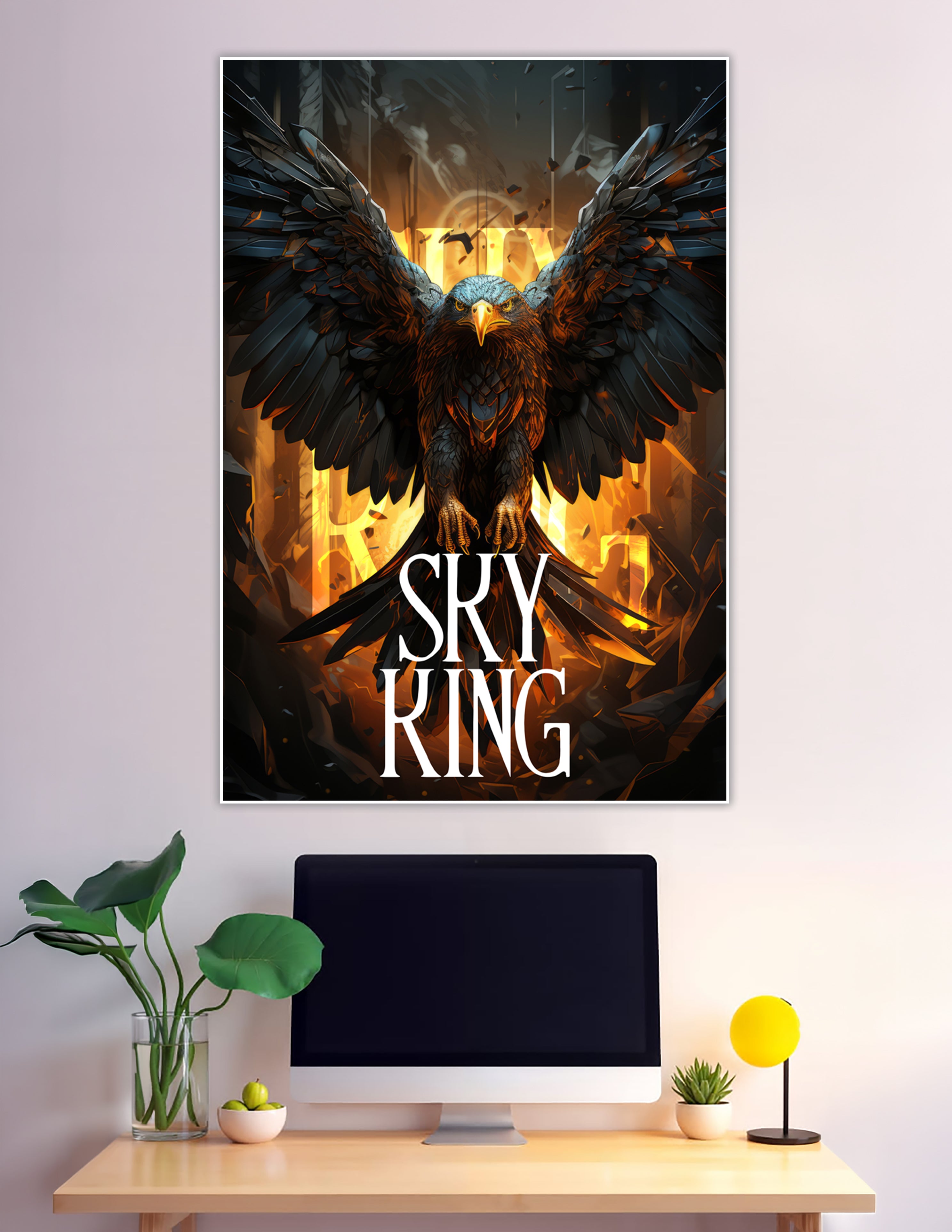 Sky King fantasy eagle poster with wings spread wide against a fiery golden background with dark shattered debris