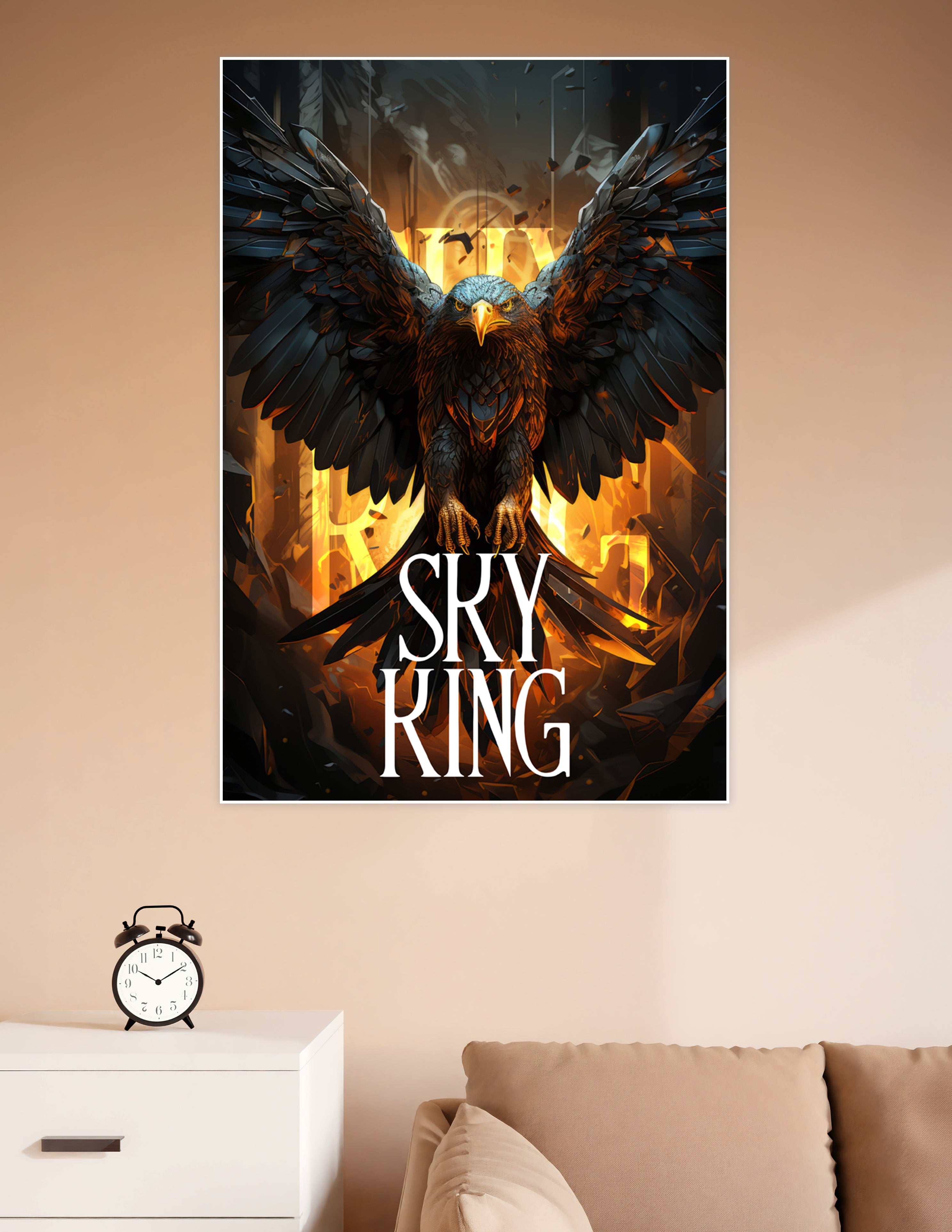 Sky King fantasy eagle poster with wings spread wide against a fiery golden background with dark shattered debris