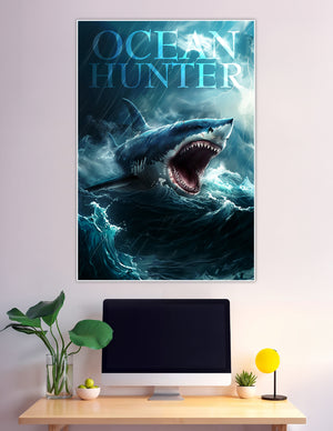 Great white shark leaping from stormy ocean waves poster