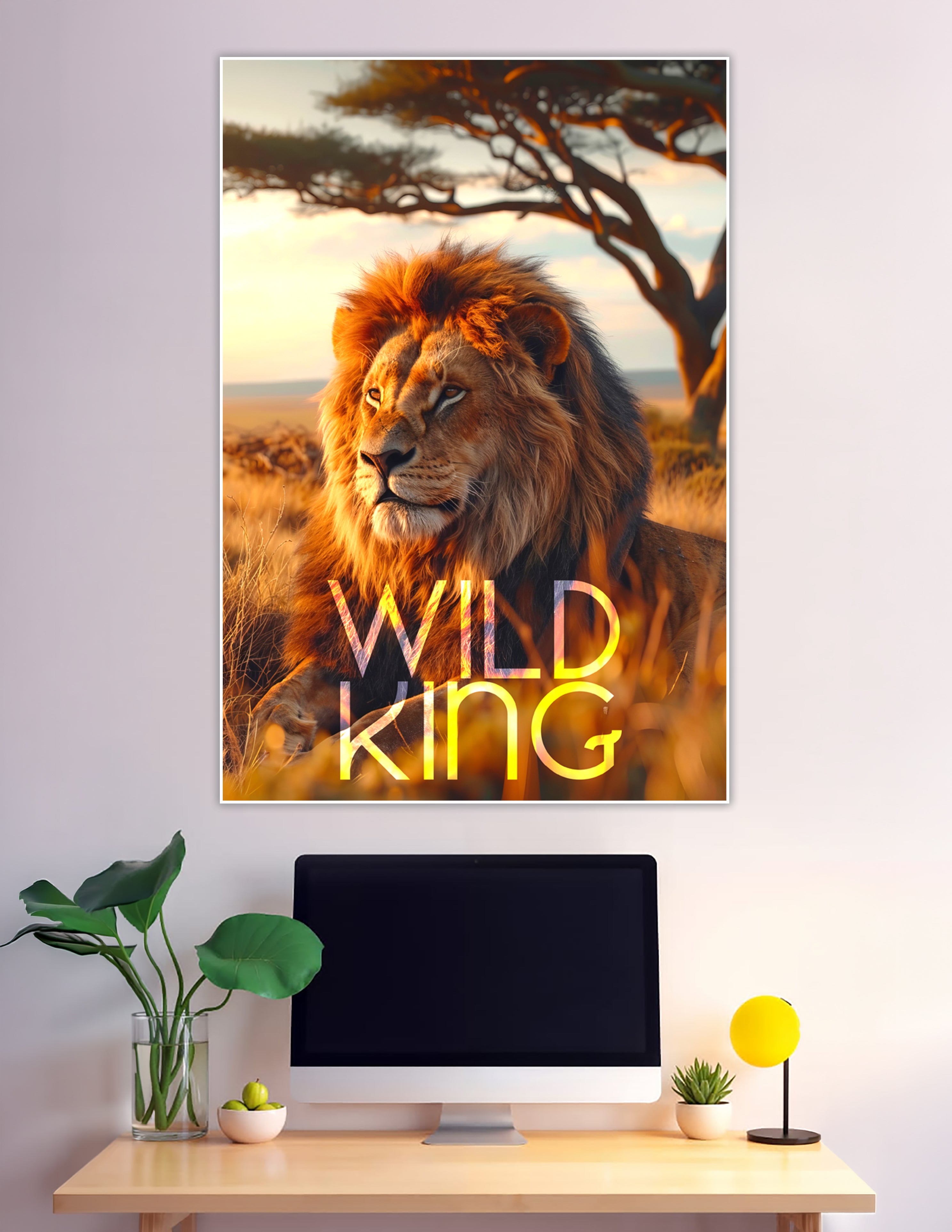 Majestic lion resting in African savanna at golden sunset