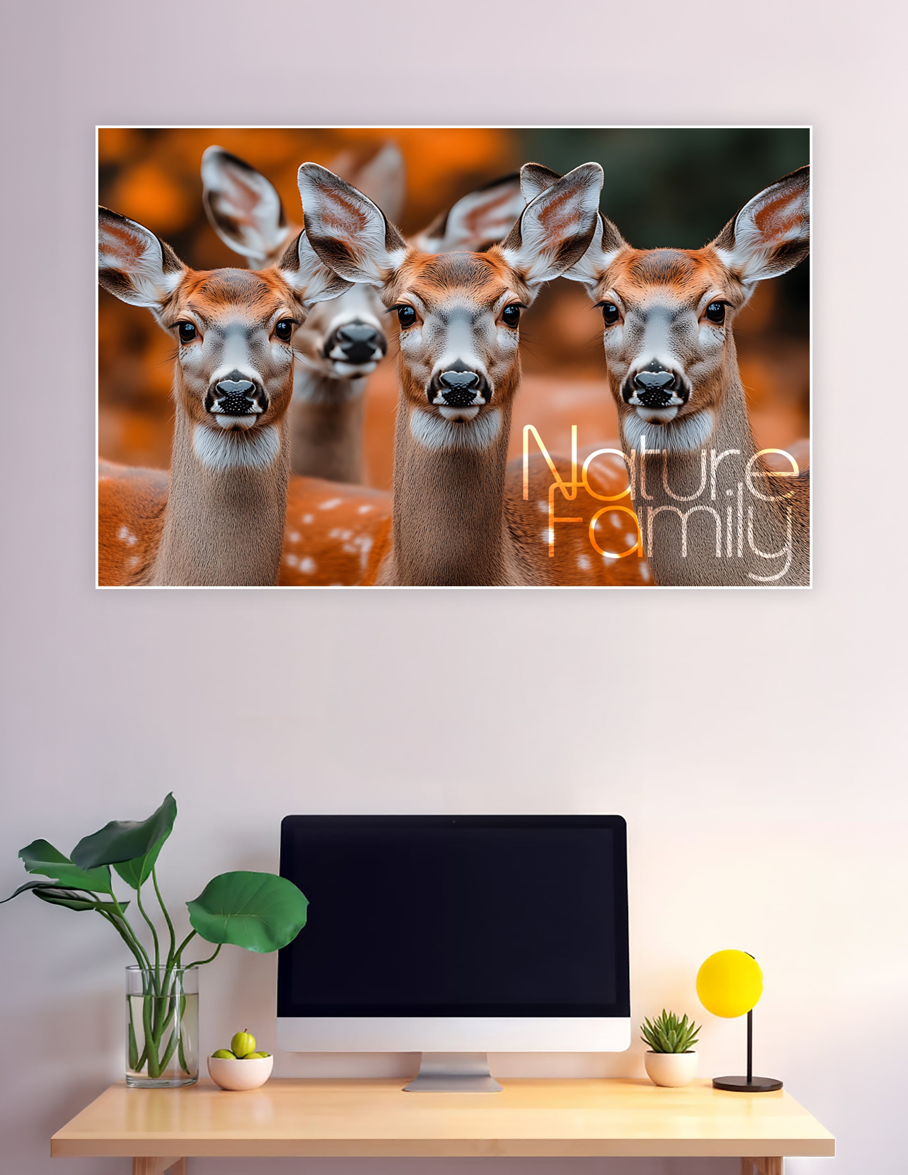 Close-up portrait of three curious deer with warm amber autumn background and Nature Family text overlay — premium wildlife wall poster